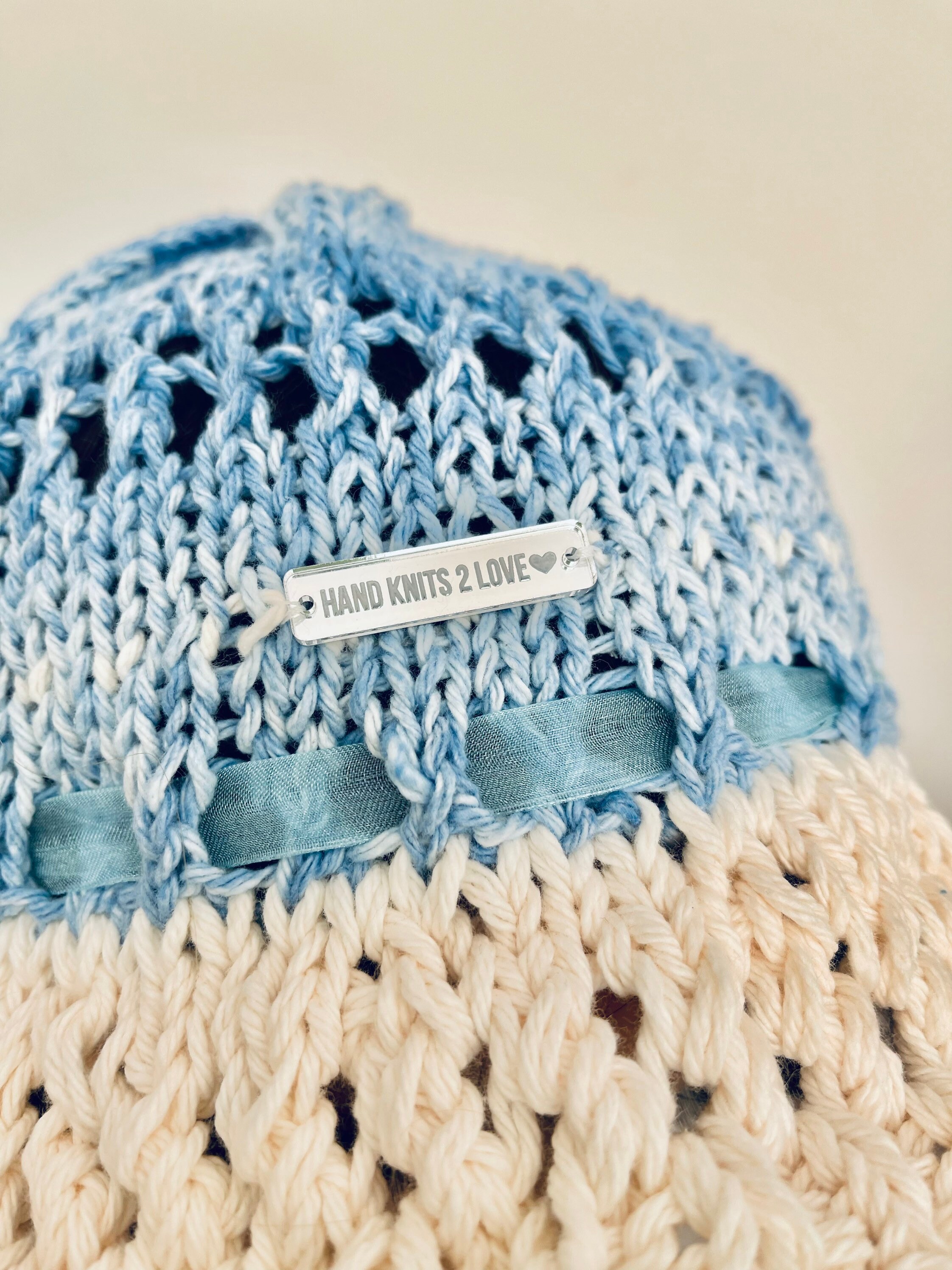 Hand Knits 2 Love Brim Hat Cap Beanie Ombre Blues Braids Pearls Designer Gift Hand Knits 2 Love Hat Brim Cap Beanie Flowers Pearls  main image 4
