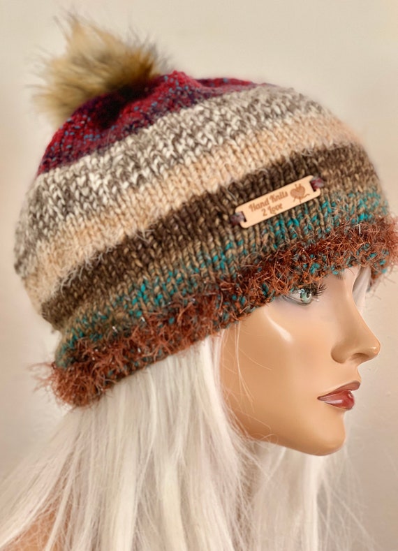 Hand Knits 2 Love Slouch Beanie Hat Cap Faux Fur Pom Pom Rustic Boho Designer Hand Knits 2 Love Beanie Slouch Cap Faux Fur Pom Pom Soft  main image 3