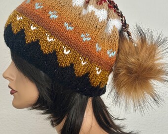 Hand Knits 2 Love Beanie Hat Cap Slouch Fair-isle Faux Fur  display picture 3