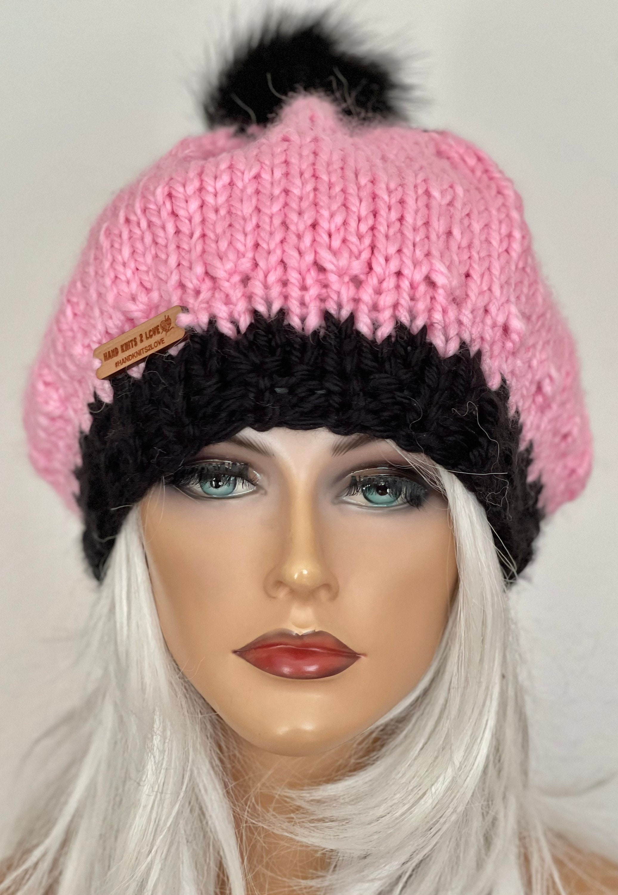 Hand Knits 2 Love Slouch Hat Beanie Cap Pink Mohair Look Ribbon Designer Fashio Hand Knits 2 Love Beanie Slouch Cap Designer Fashion Faux  main image 2