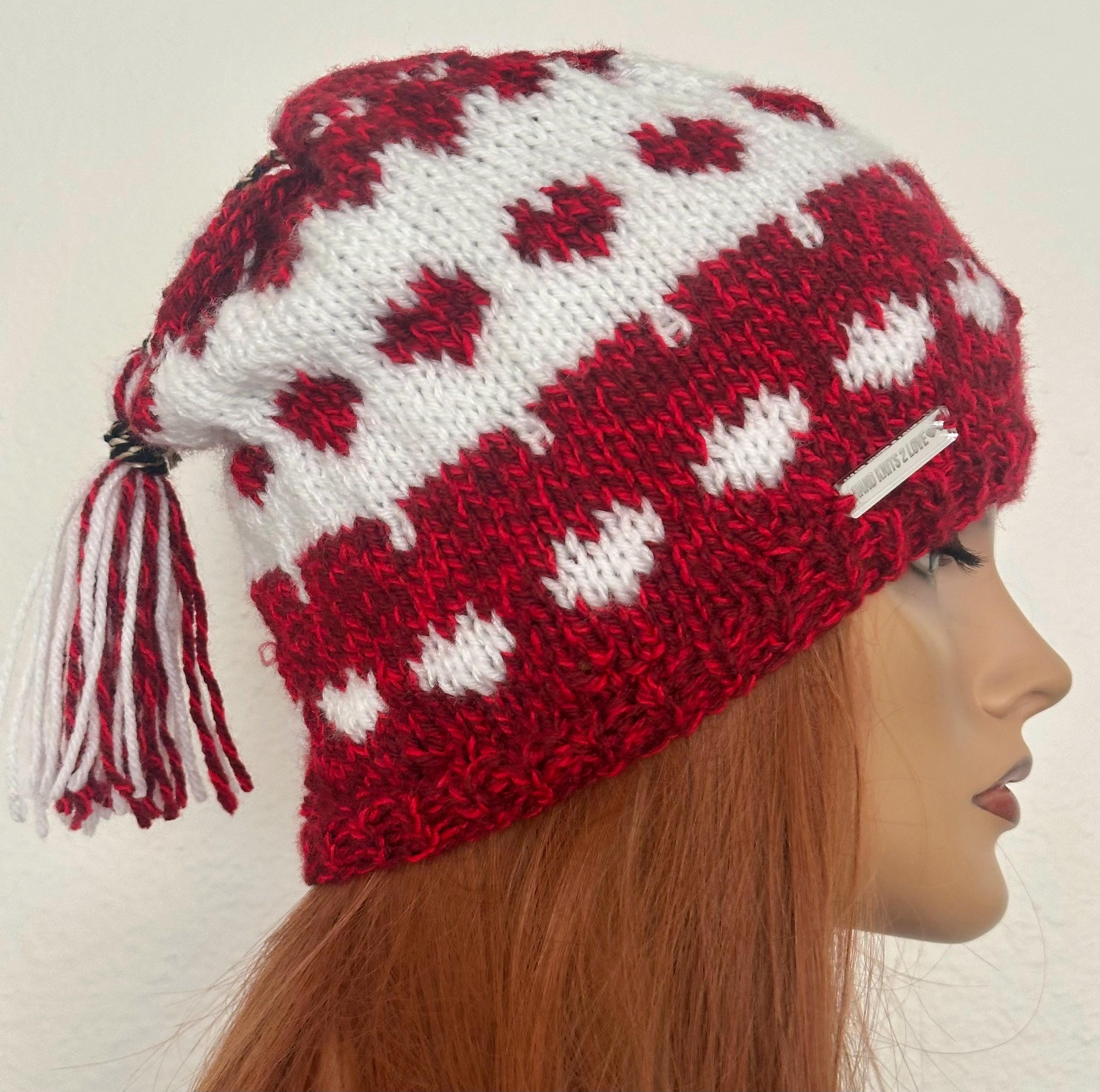 Hand Knits 2 Love Beanie Slouch Red White Hearts Designer  display picture 1
