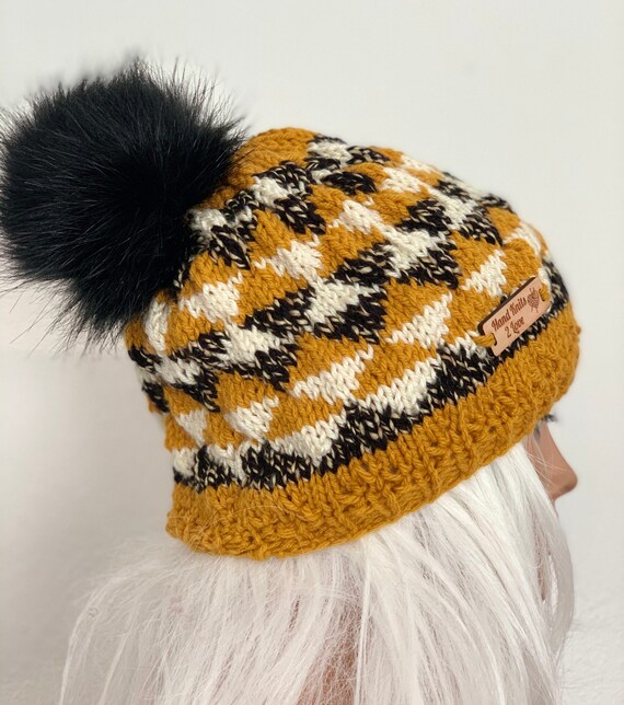 Hand Knits 2 Love Beanie Hat Slouch Plaid Fair-isle Faux Fur Pom Pom Designer m79703580490_1.jpg main image 3