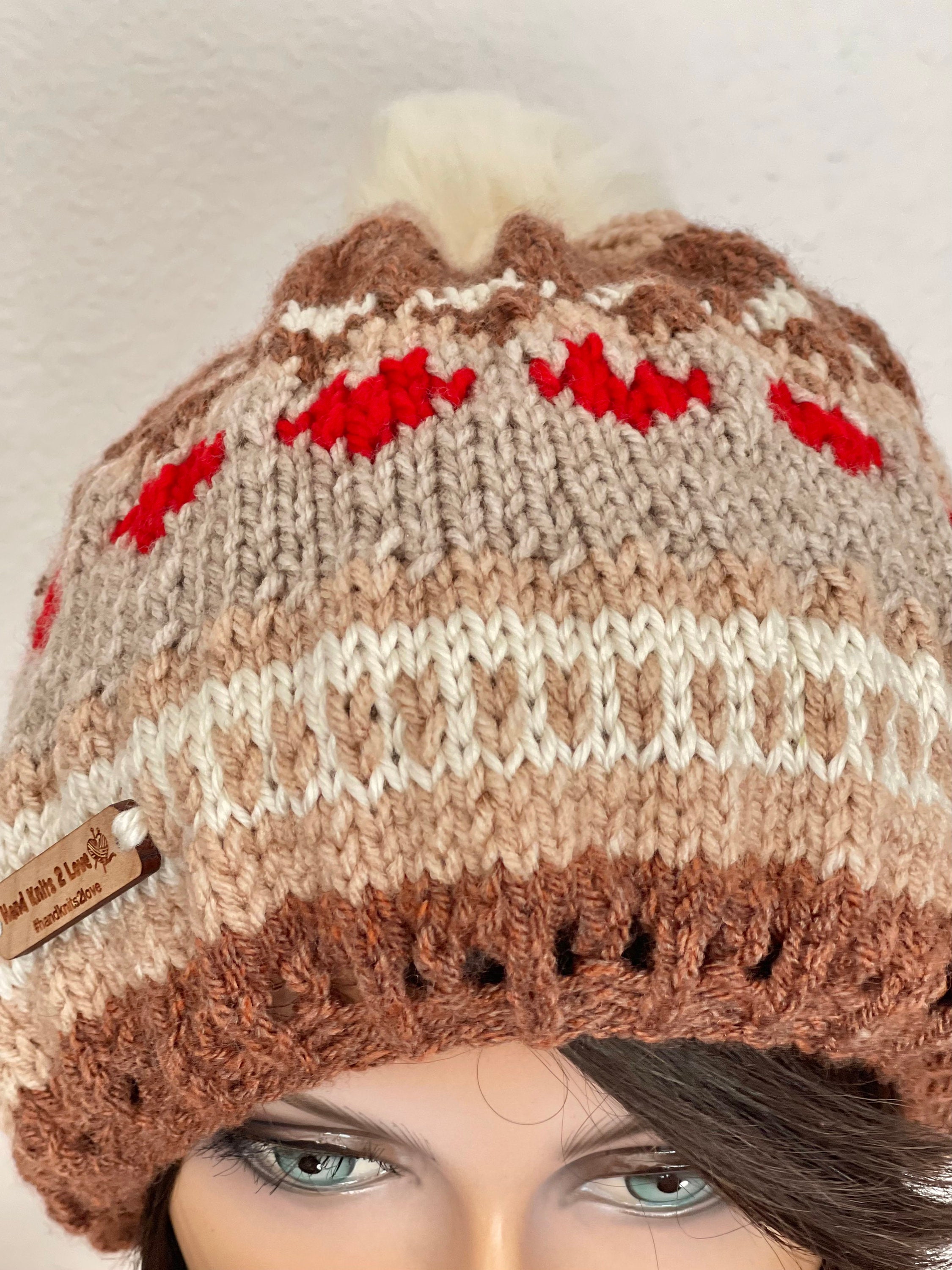 Hand Knits 2 Love Slouch Beanie Hat Cap Beret Tam Fair-isle Faux Fur Pom Pom Hip Hand Knits 2 Love Slouch Beanie Hat Cap Fair-isle Faux Fur  main image 2