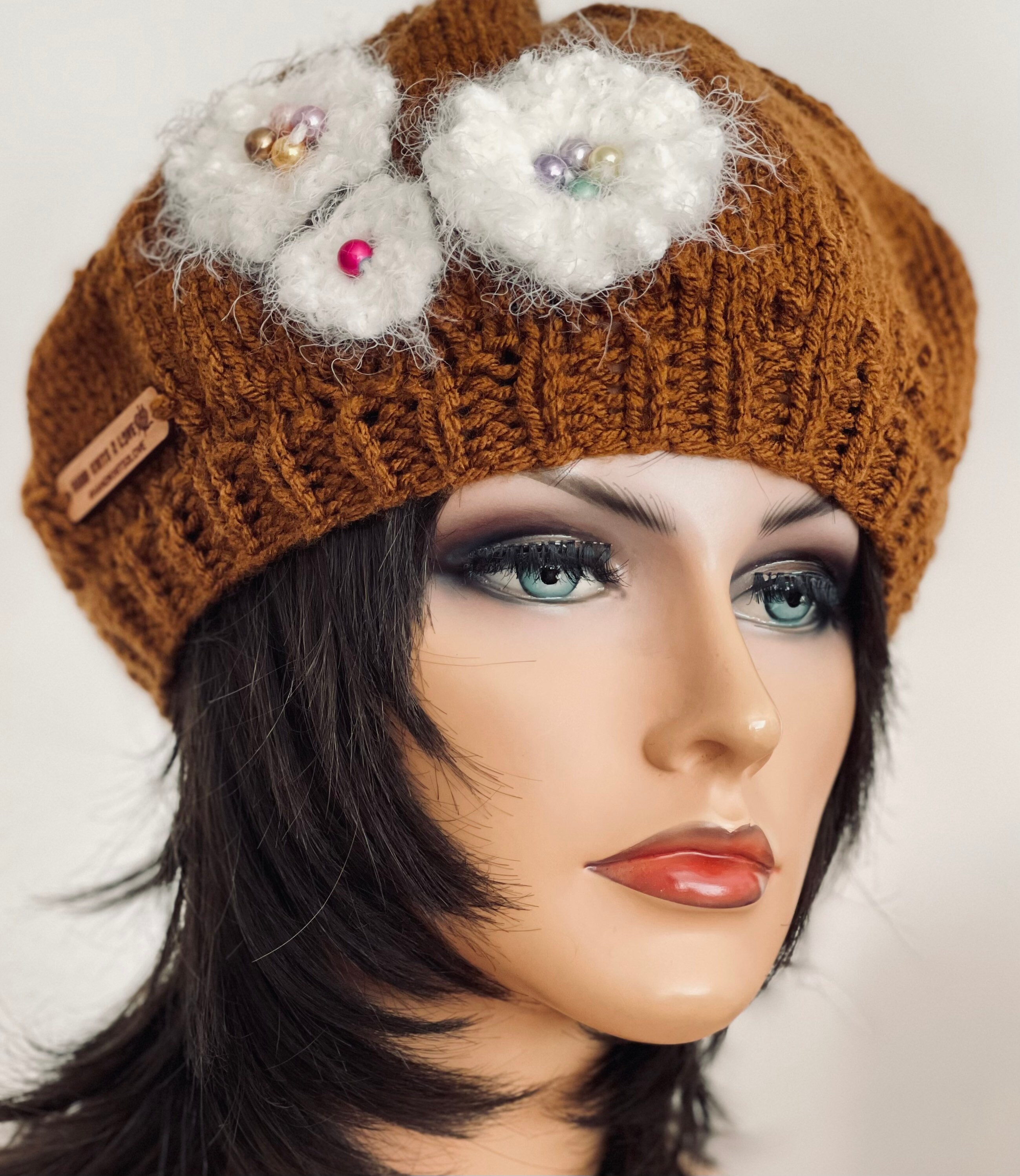 Hand Knits 2 Love Slouch Beanie Hat Flower Adjustable Fit Designer Christmas Hand Knits 2 Love Slouch Beanie Hat Cap Flowers Tie Designer  main image 2