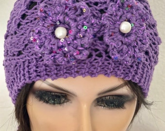 Hand Knits 2 love Cotton Headband Bandana Headwrap Flowers Tassels Purple Chic Hand Knits 2 Love Cotton Bandana Scarf Headband Headwrap  main image 3