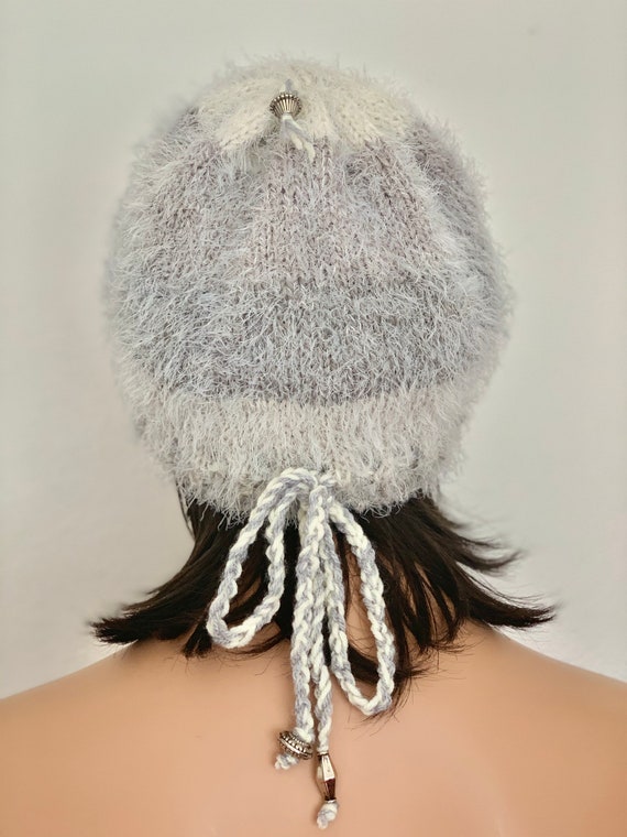 Hand Knits 2 Love Beanie Hat Cap Silver Beads Adjustable Fit  display picture 1