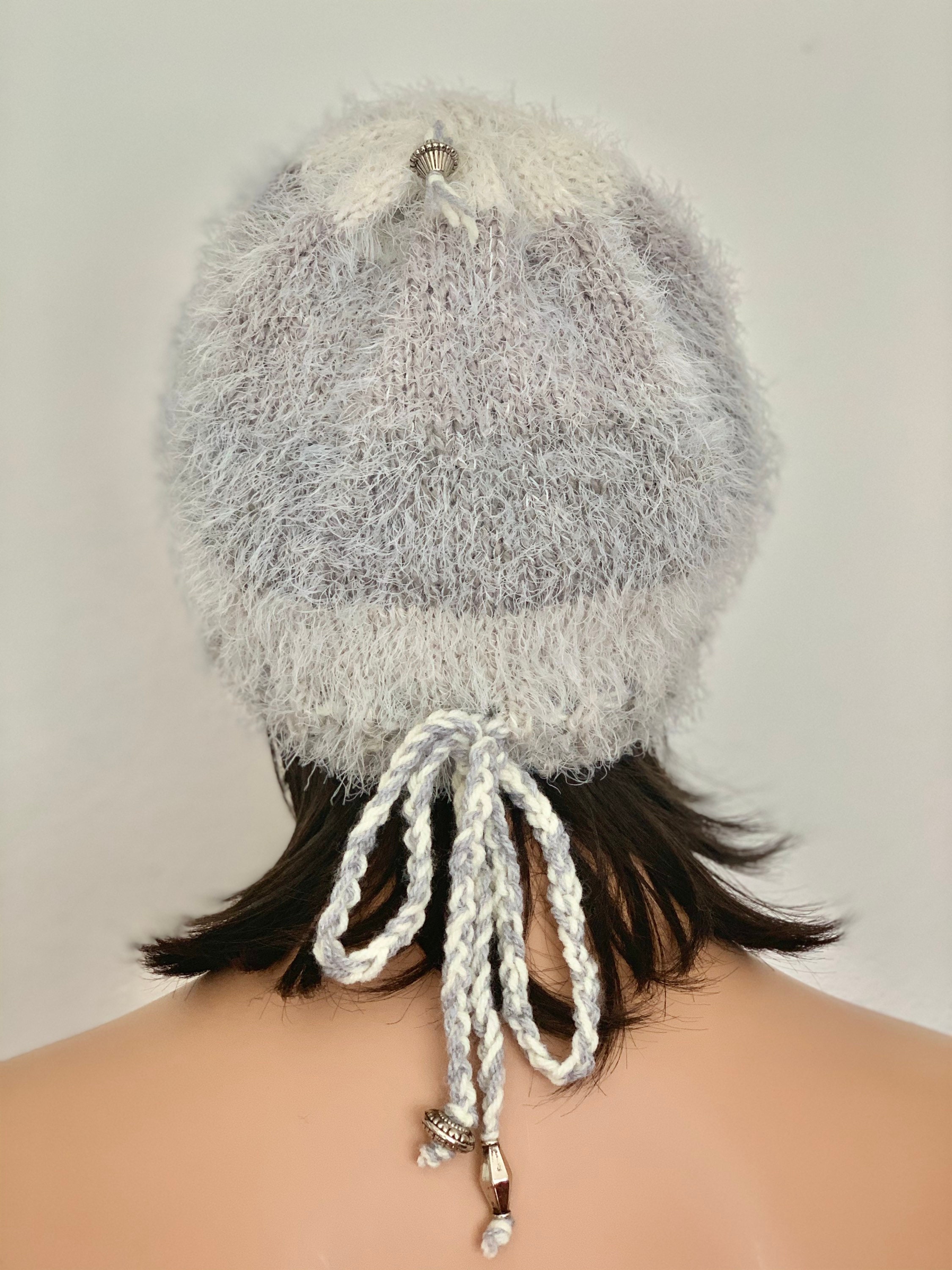 Hand Knits 2 Love Beanie Hat Cap Silver Beads Adjustable Fit 