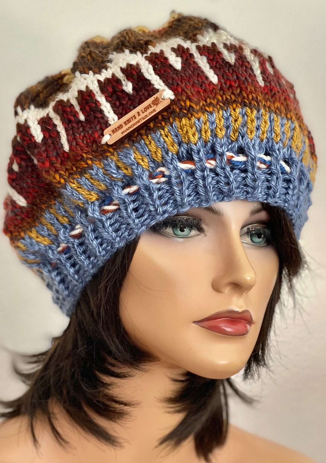 Hand Knits 2 Love Slouch Hat Beanie Cap Tam Fair-isle 