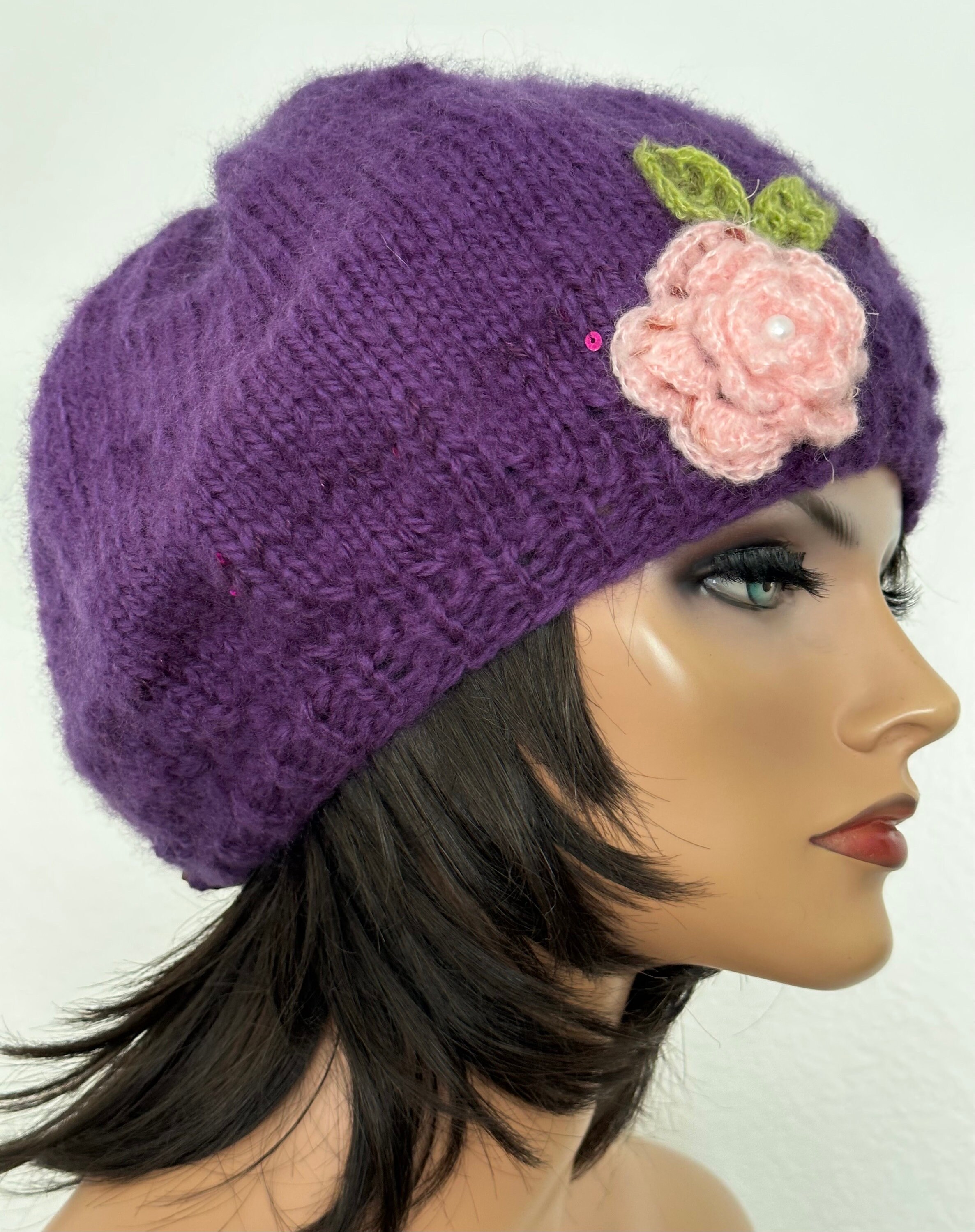 Hand Knits 2 Love Slouch Beanie Hat Cap Adjustable Fit Decorative Beads Purple Hand Knits 2 Love Slouch Hat Beanie Cap Adjustable Fit  main image 4