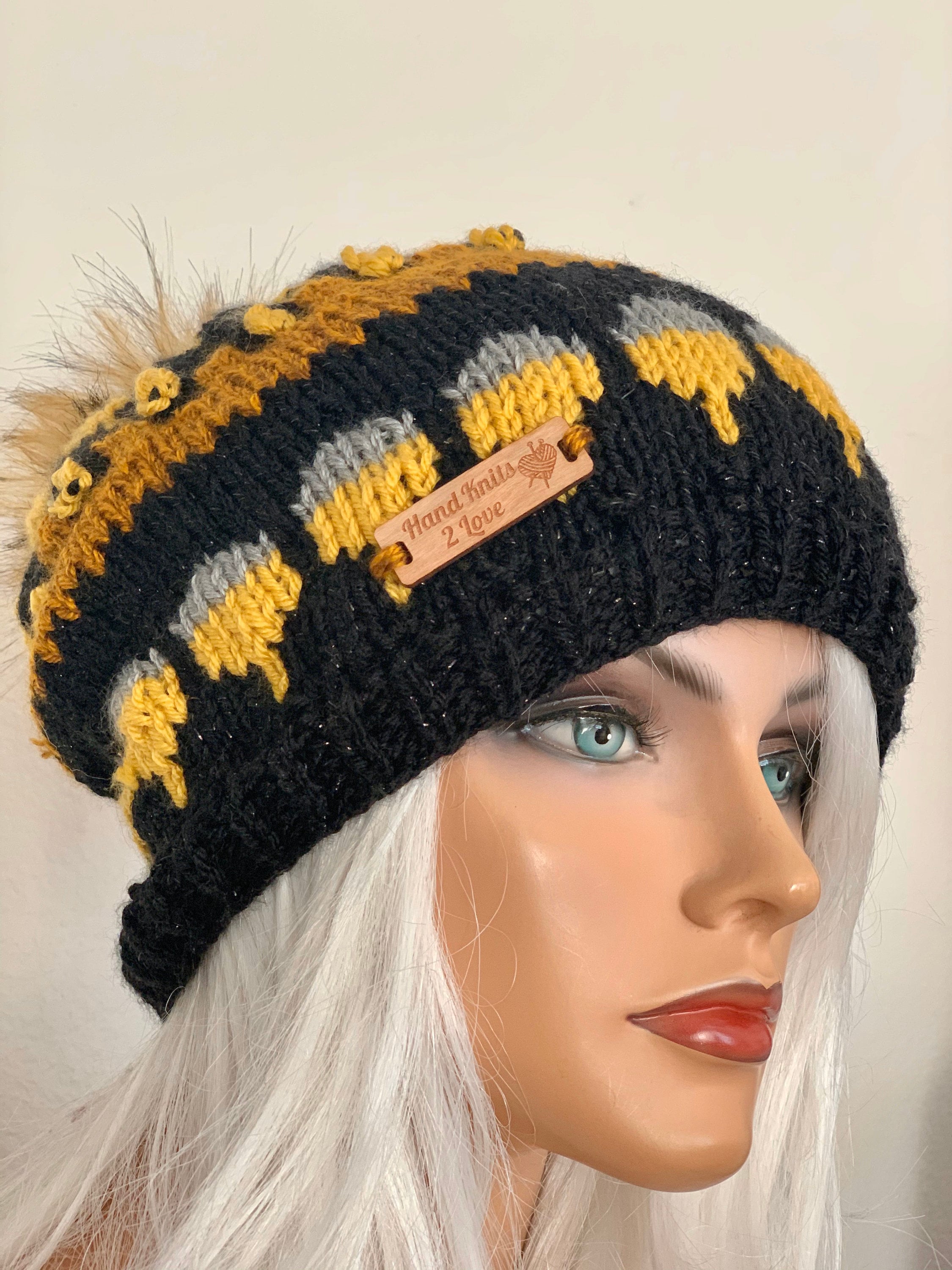 Hand Knits 2 Love Brim Hat Beanie Cap Bubbles Fringe Designer Semi Chunky Cozy Hand Knits 2 Love Beanie Slouch Cap Faux Fur Pom Pom Semi  main image 4