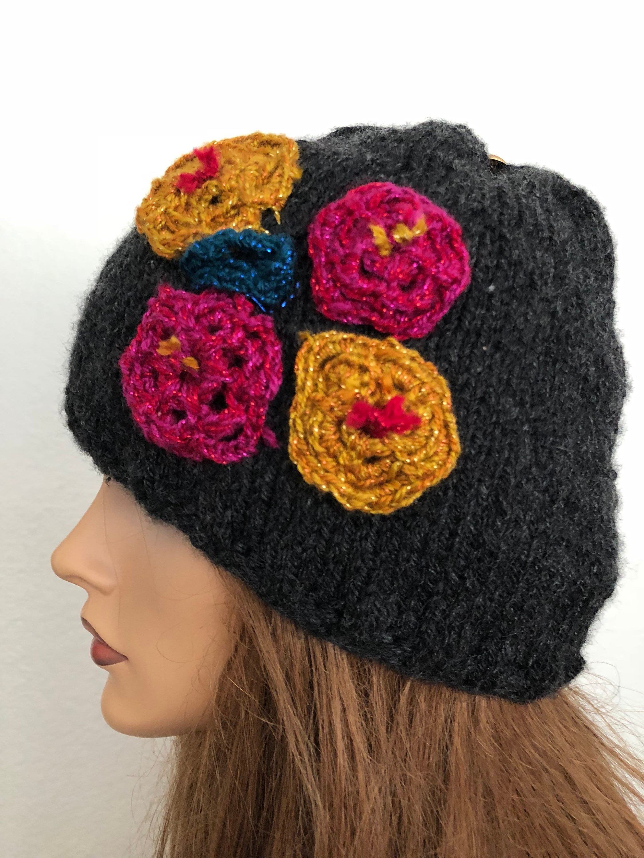 Hand Knits 2 Love Hat Beanie Cap Flowers Gold Designer  display picture 3