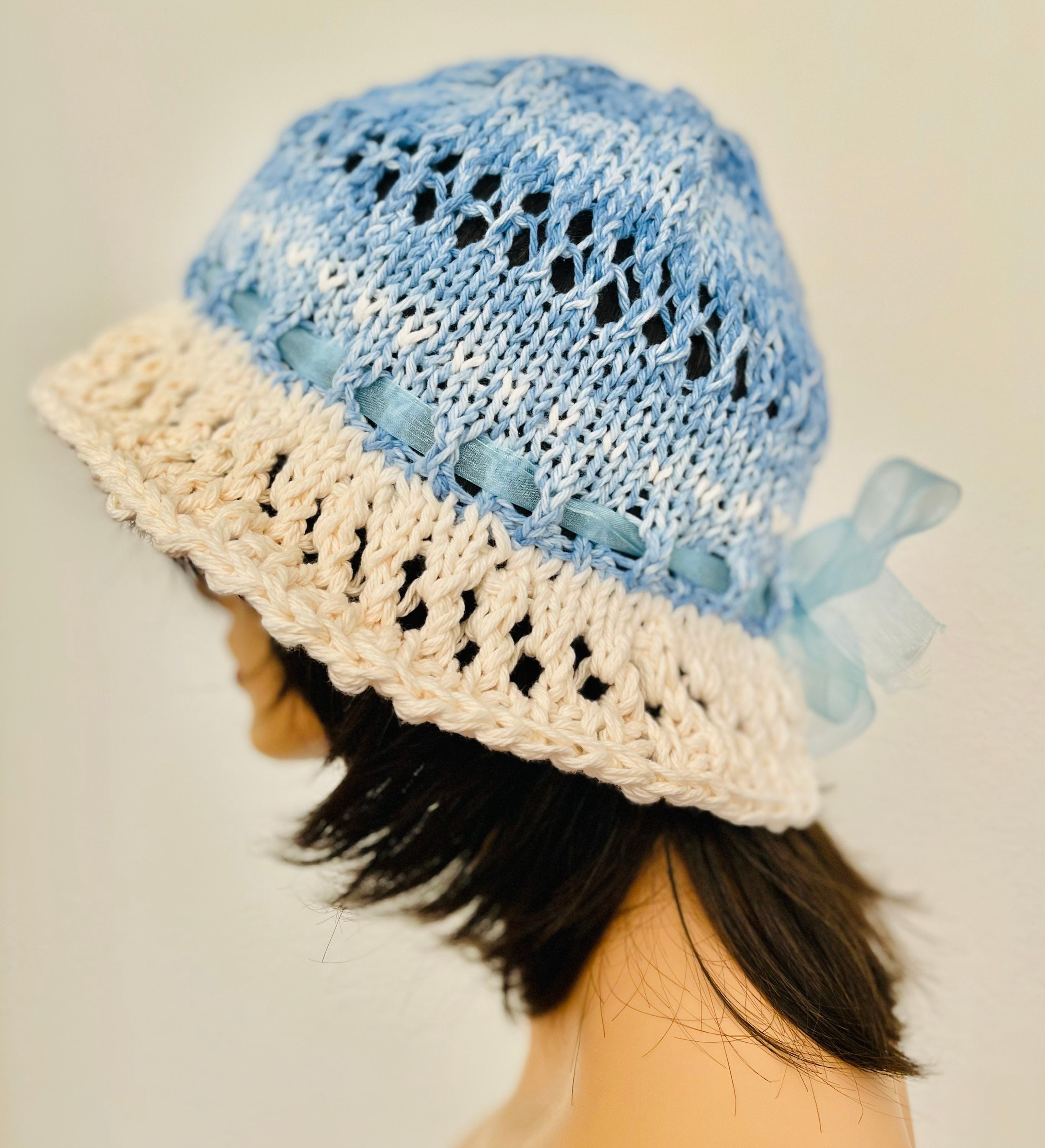 Hand Knits 2 Love Cotton Brim Hat Cap Ombre Blues off Ehite 