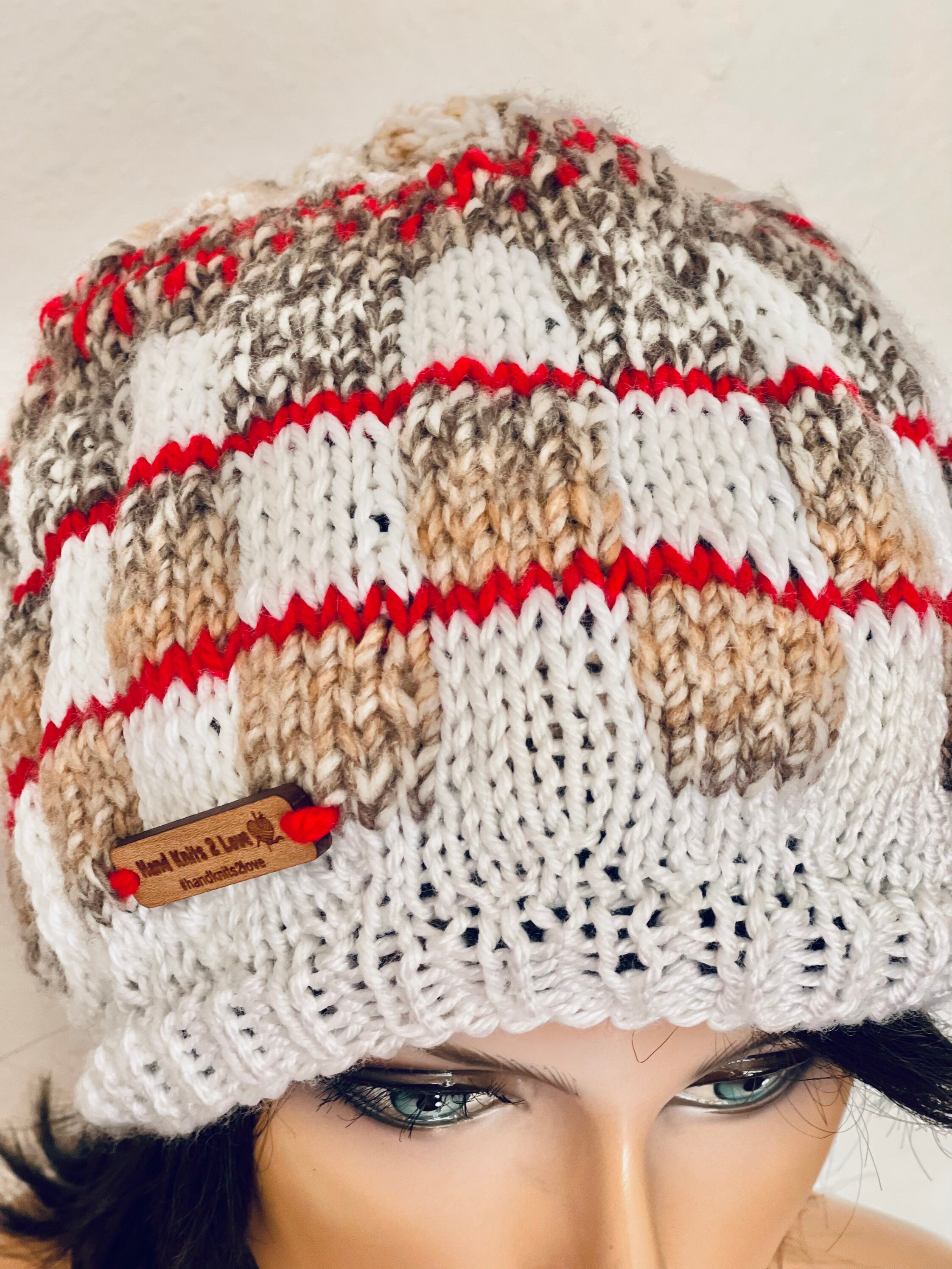 Hand Knits 2 Love Slouch Beanie Hat Cap Fair-Isle Hearts Lotus Faux Fur Pom Pom Tiny Heart Fair Isle Knit Beanie – Knittedhome main image 3
