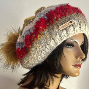 Hand Knits 2 Love Slouch Hat Beanie Cap Tam Beret Designer Multicolors Faux Fur Pom Pom