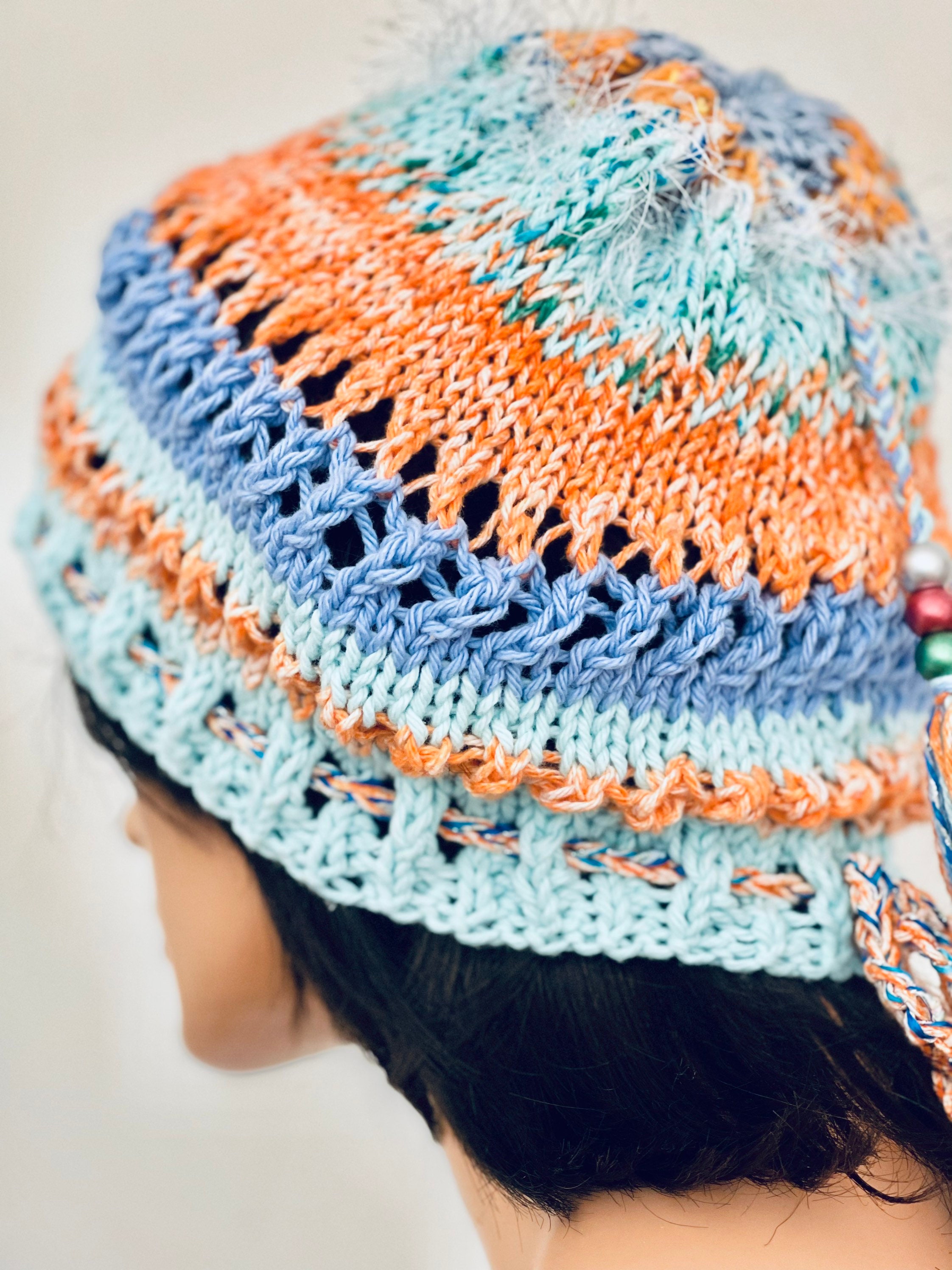 Hand Knits 2 Love Cotton Slouch Hat Cap Tam Lace Long Tassel 