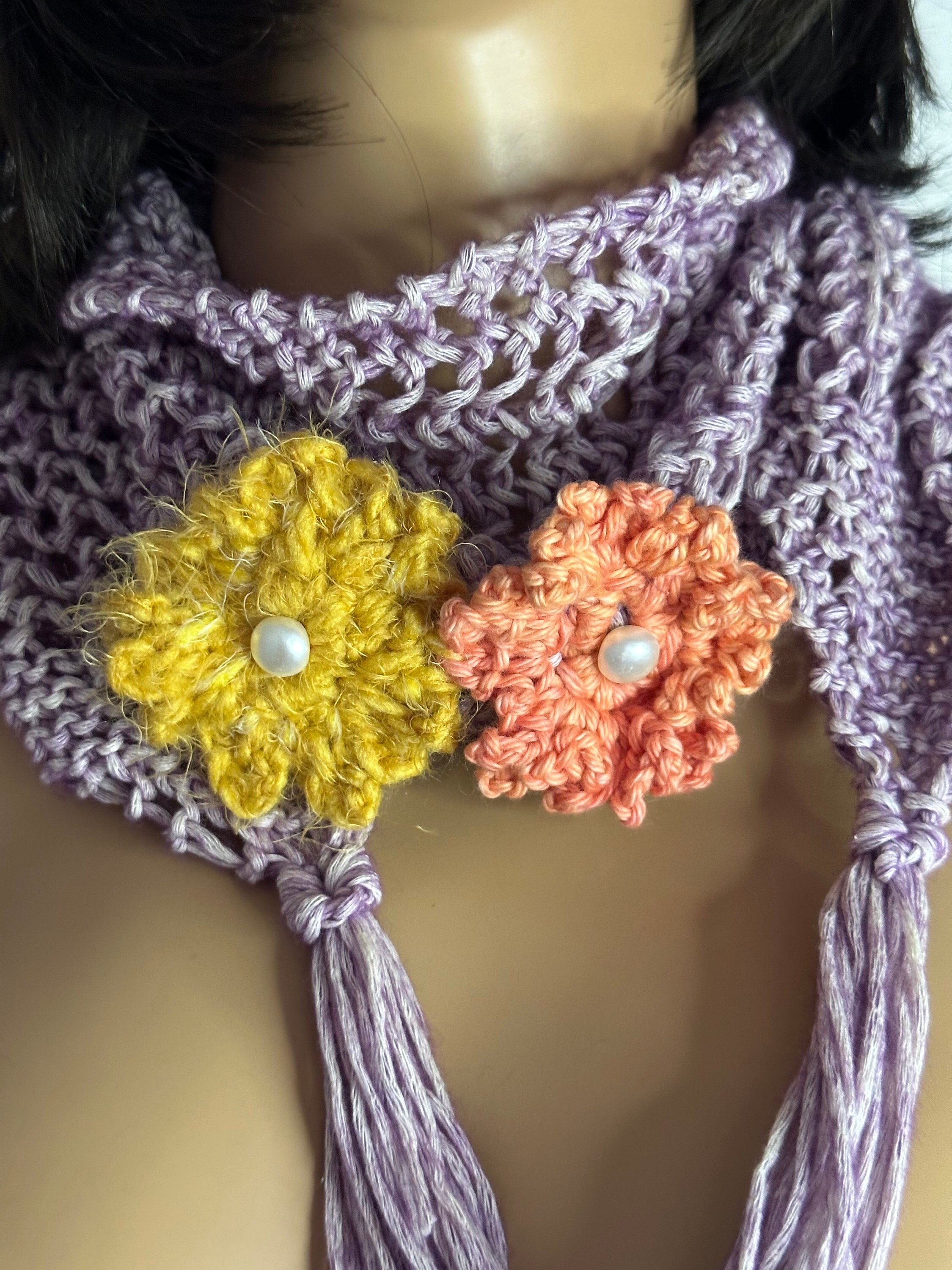 Hand Knits 2 love Cotton Headband Bandana Headwrap Flowers Tassels Purple Chic Hand Knits 2 Love Headband Bandana Headwrap Flowers Lacey  main image 4