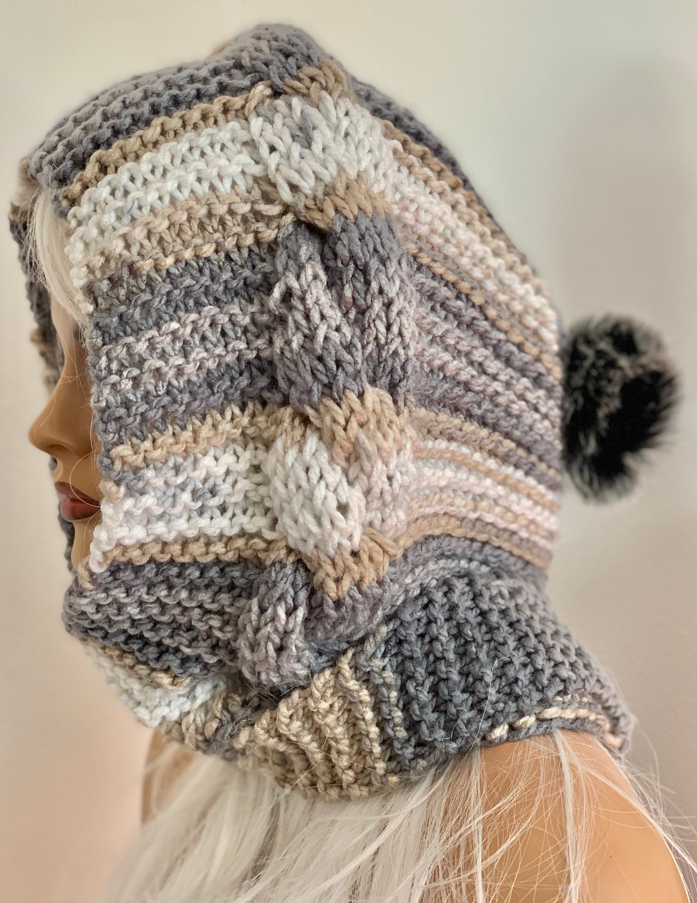 Hand Knits 2 Love Hoodie Scarf Hat Faux Fur Pom Hand Knits 2 Love Hoodie Scarf Beanie Hat Slouch Cap Neck  main image 2