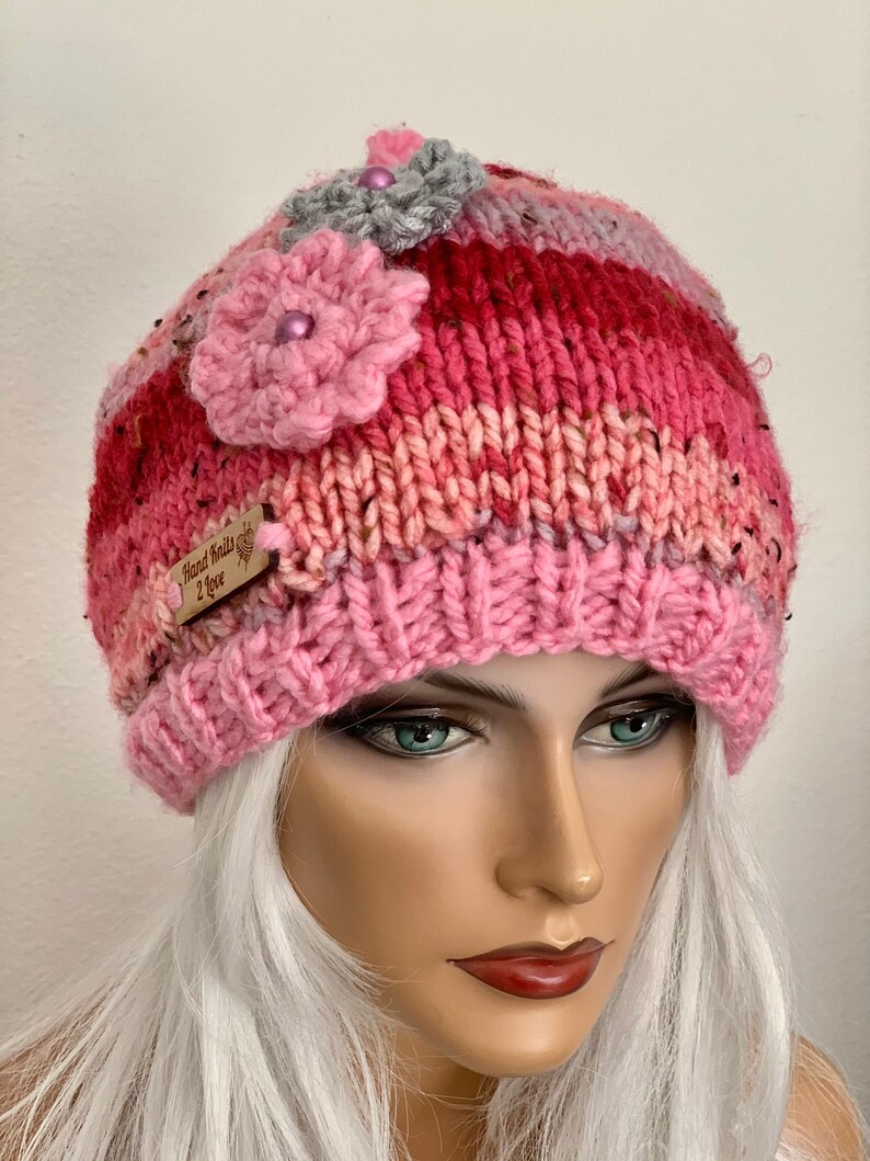 Hand Knits 2 Love Beanie Hat Slouch Cap Ombr\u00e9 Tweed Designer Fashion Flowers Beads Pink Grey Female Head Hair Chemo Gift Winter Christmas