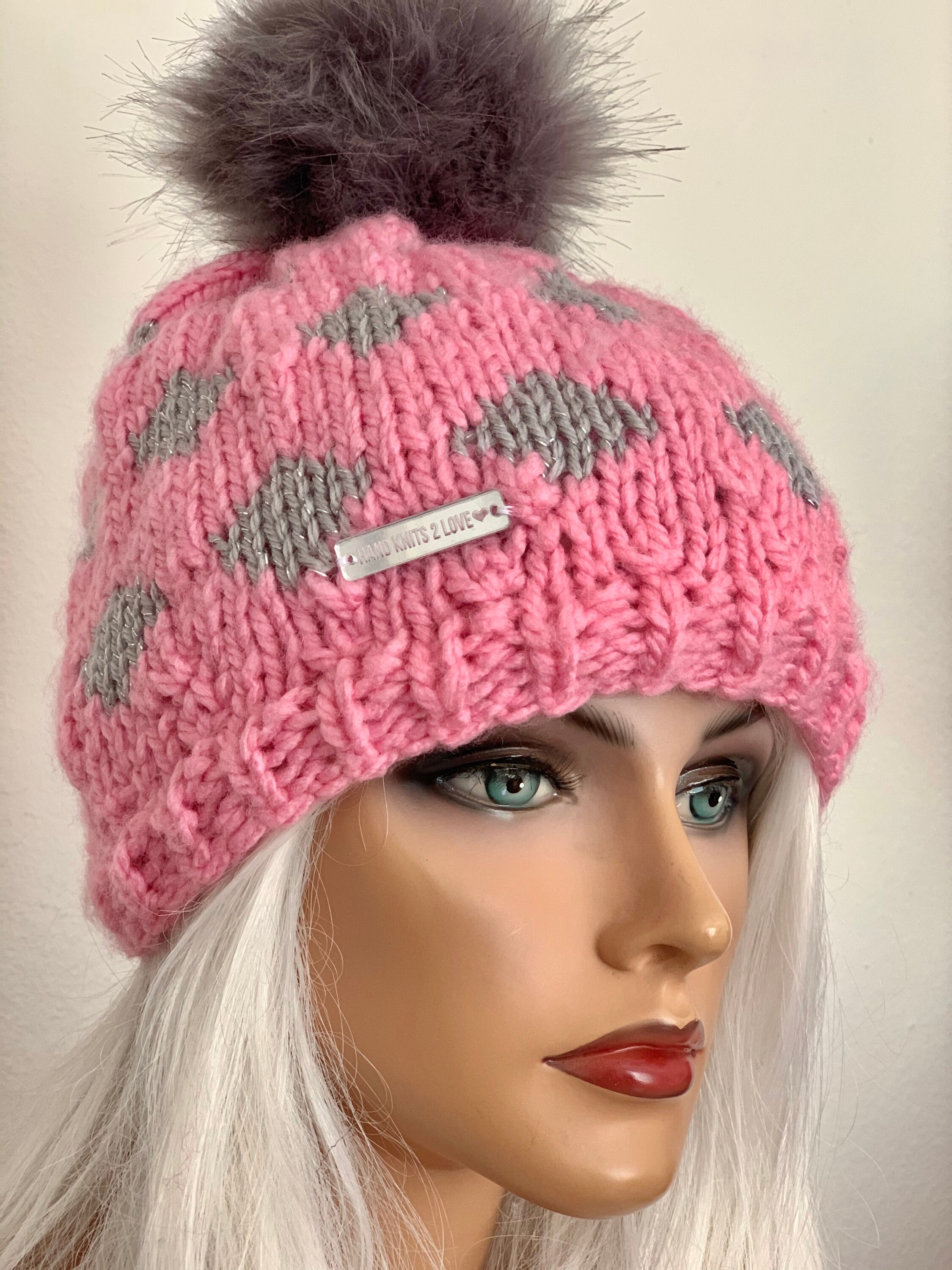 Hand Knits 2 Love Beanie Hat Cap Designer Fashion Faux Fur 