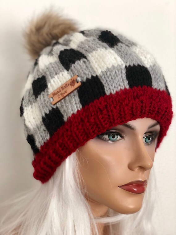Hand Knits 2 Love Beanie Hat Slouch Plaid Fair-isle Faux Fur Pom Pom Designer m79703580490_1.jpg main image 4