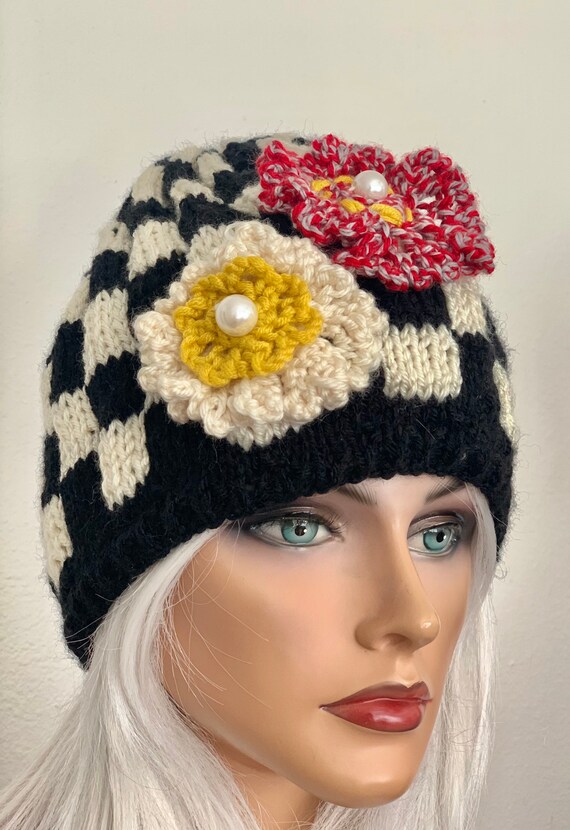 Hand Knits 2 Love Beanie Hat Cap Plaid Checkers Flowers