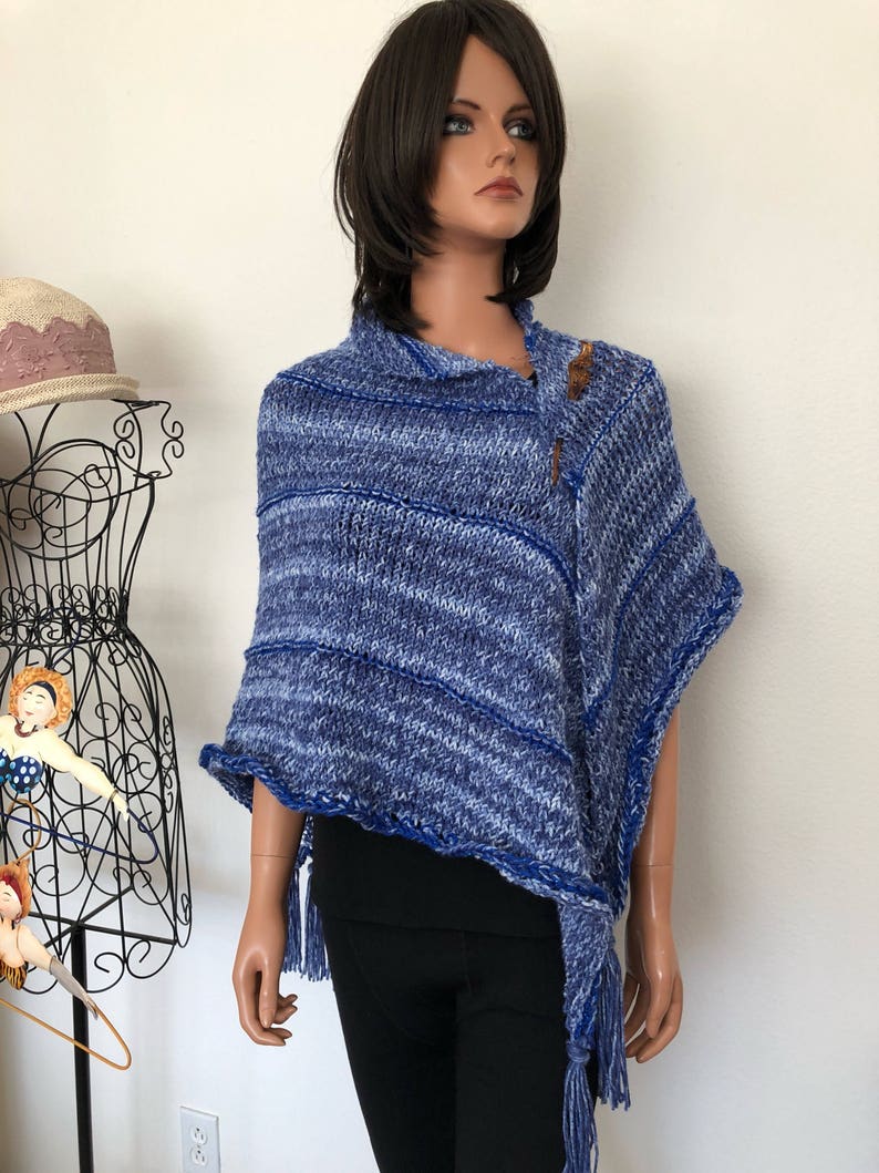 Hand Knits 2 Love Shawl Wrap Designer Fashion Fringes Denim Blues Ombre Four Seasons Gift Birthday Shower Cowl Hip Western Female Soft Cozy image 7