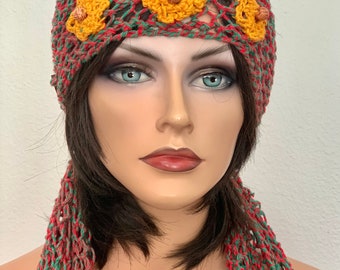 Hand Knits 2 Love Headband Bandana Headwrap Mercerized Black Cotton Flower Besds Hand Knits 2 Love Cotton Bandana Headband Scarf Black Pink  main image 3