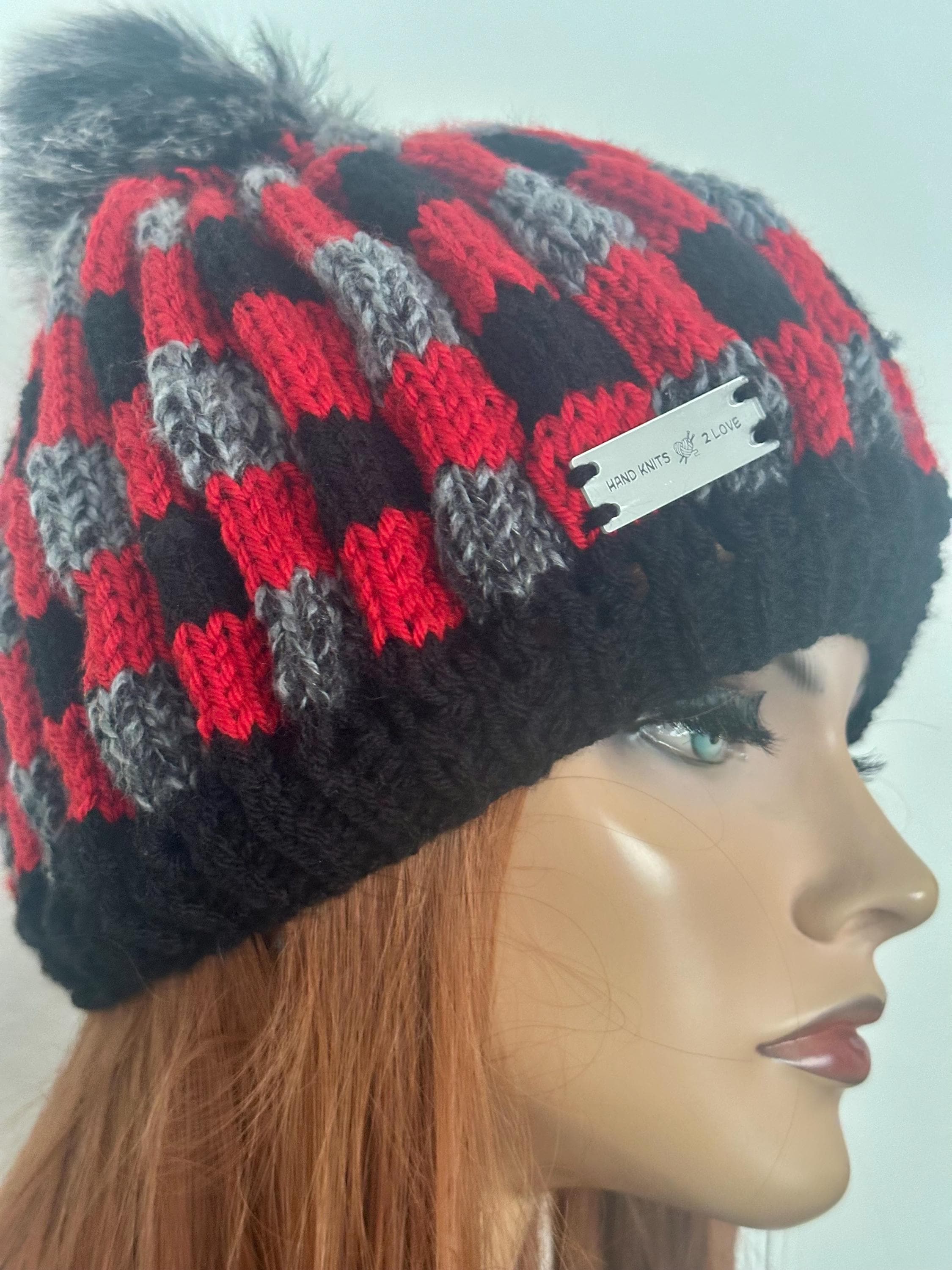 Hand Knits 2 Love Slouch Beanie Cap Hat Plaid Fair-isle Faux Fur Pom Pom Design Hand Knits 2 Love Slouch Beanie Hat Cap Fair-isle Faux Fur  main image 4