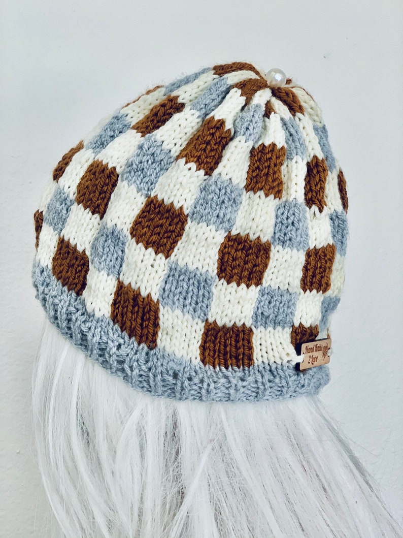 Hand Knits 2 Love Beanie Hat Slouch Cap Plaid Flower Checkers Designer Fashion Female Romantic F\u00e9minin Head Hair Chemo Gift Winter Ski Snow