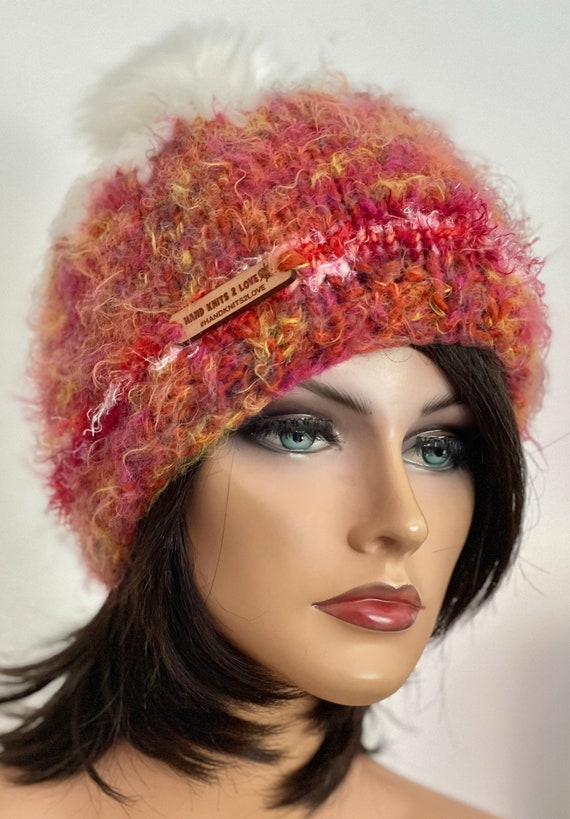 Hand Knits 2 Love Slouch Hat Beanie Cap Pink Mohair Look Ribbon Designer Fashio Hand Knits 2 Love Beanie Slouch Cap Designer Fashion Faux  main image 4