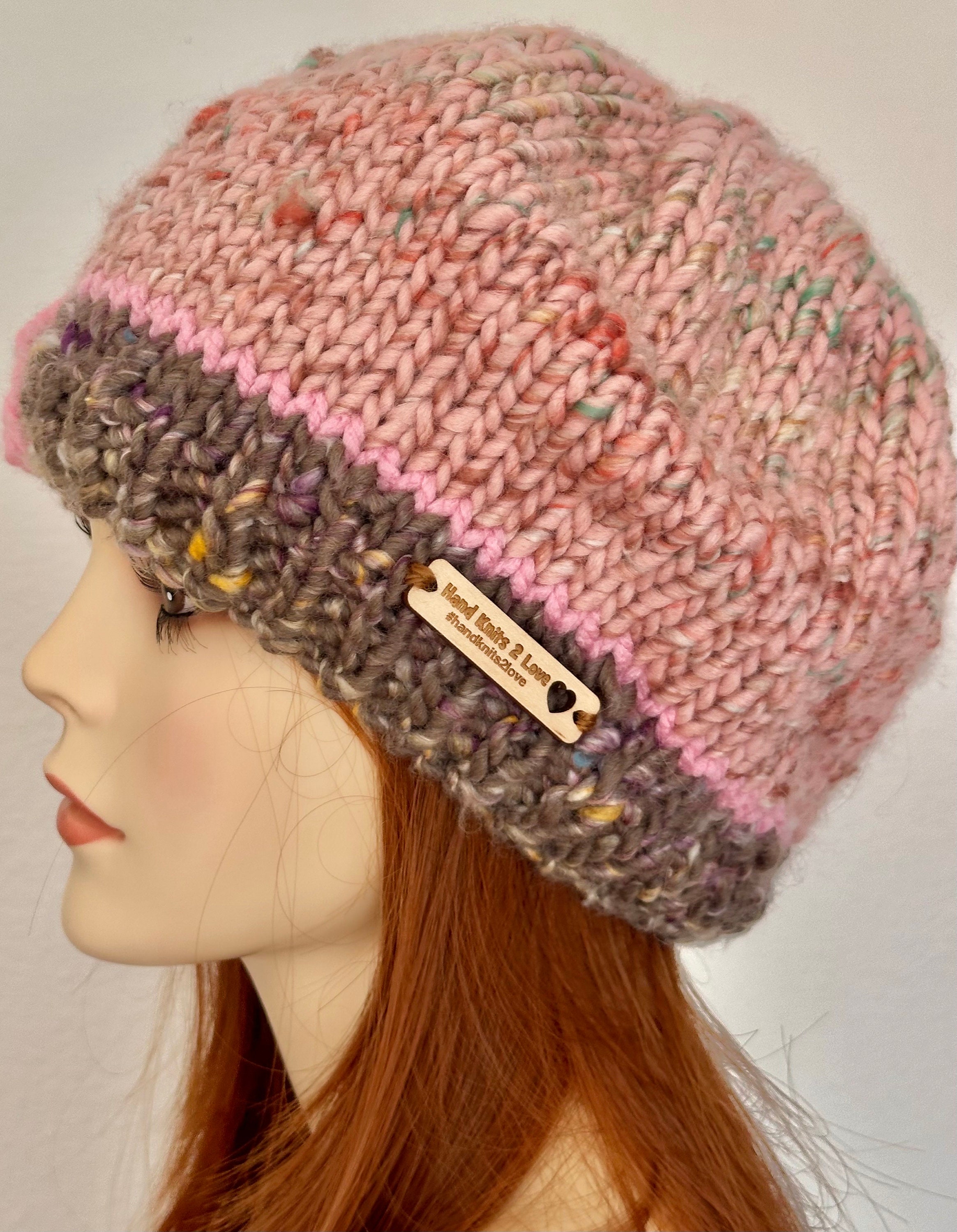 Hand Knits 2 Love Beanie Hat Slouch Cap Semi Chunky Bow Pearl Pink Designer Fun Hand Knits 2 Love Beanie Slouch Cap Designer Fashion Faux  main image 2