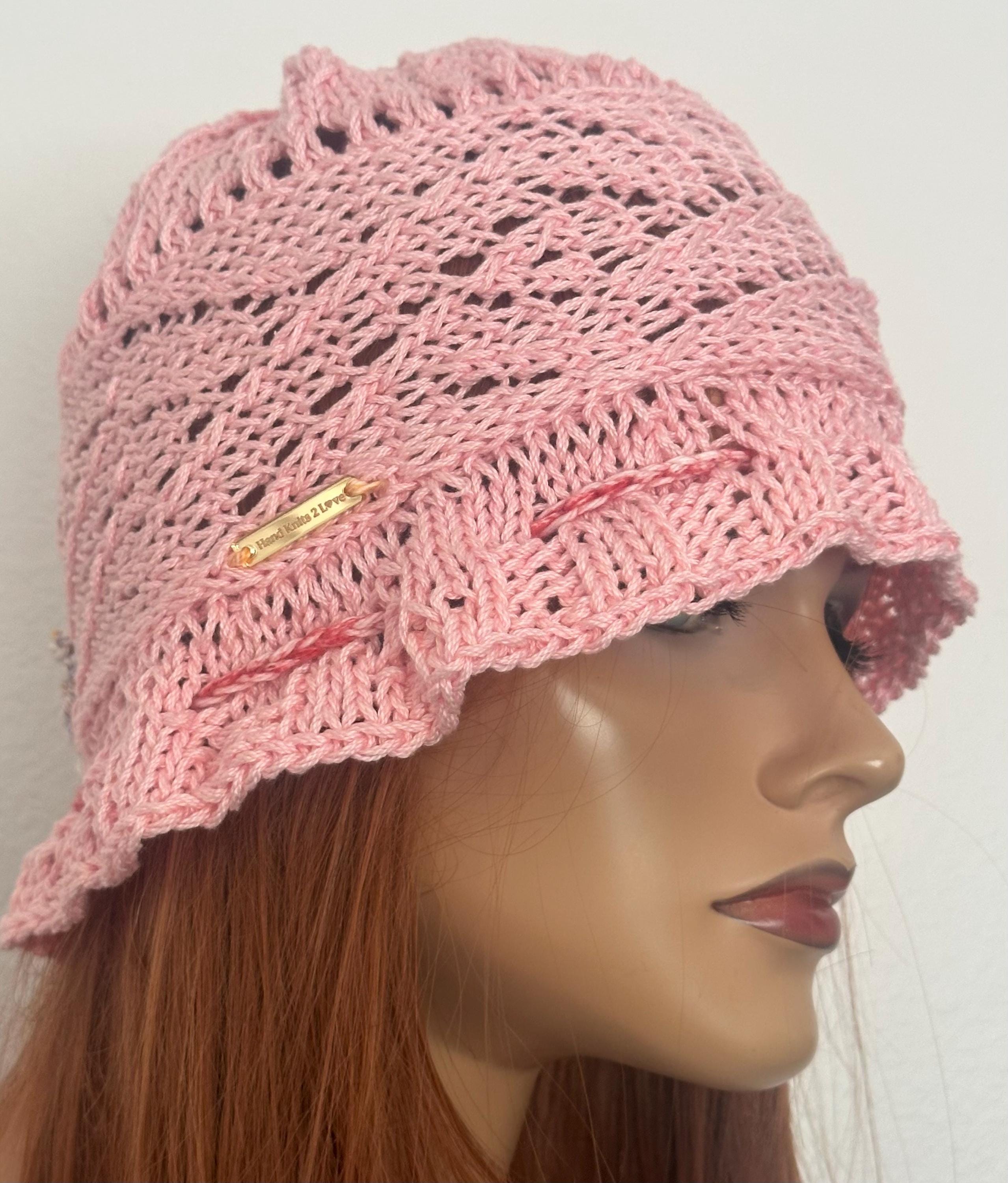 Hand Knits 2 Love Cotton Brim Hat Flower Lace Designer Teal Off White Gift chic Hand Knits 2 Love Cotton Brim Hat Flower Lace Bead Designer  main image 2