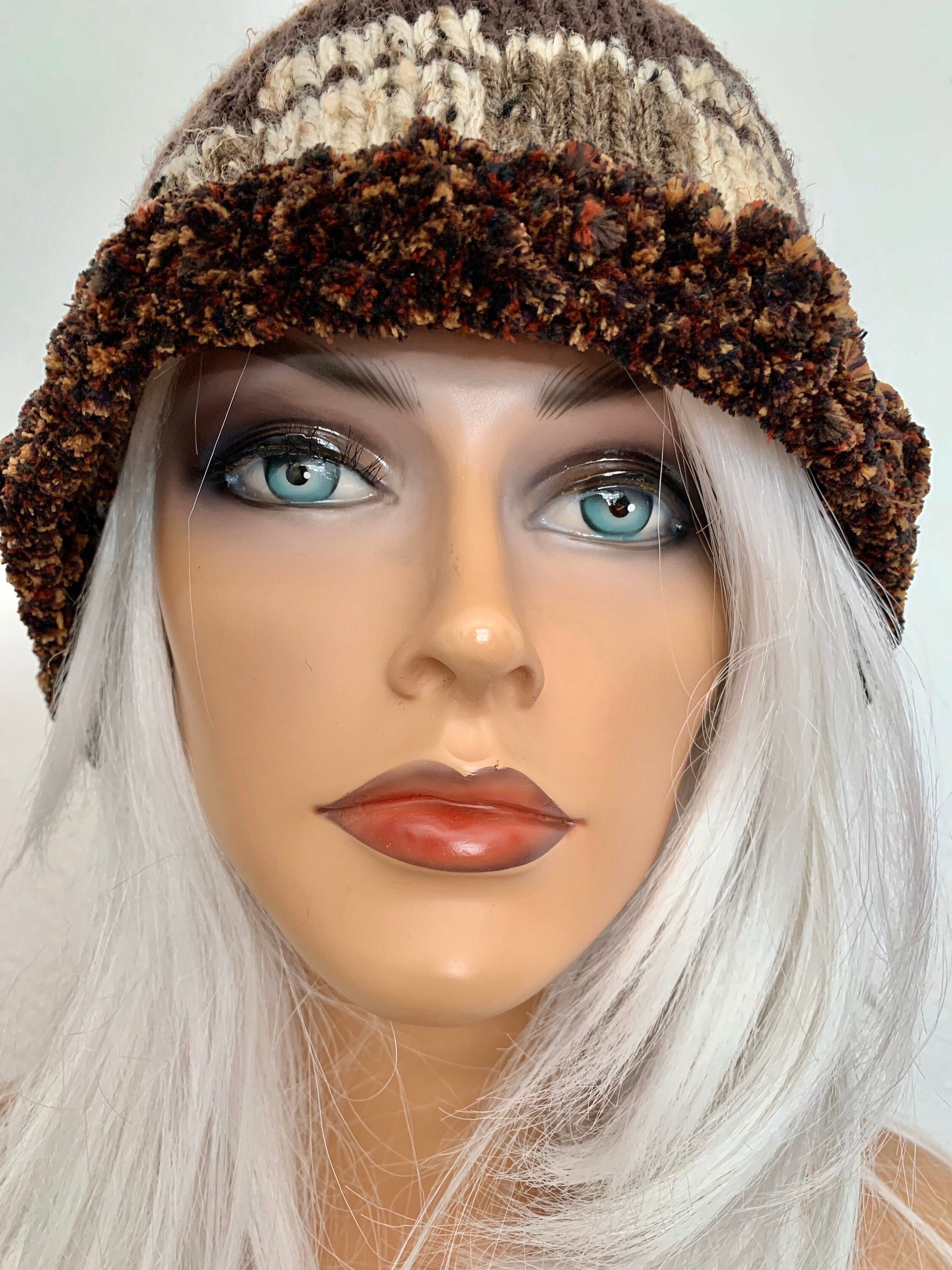 Hand Knits 2 Love Slouch Hat Beanie Fairisle Ombré Faux Fur PomPom Designer Boho Hand Knits 2 Love Beanie Slouch Hat Faux Fur Pom Pom Fair  main image 3