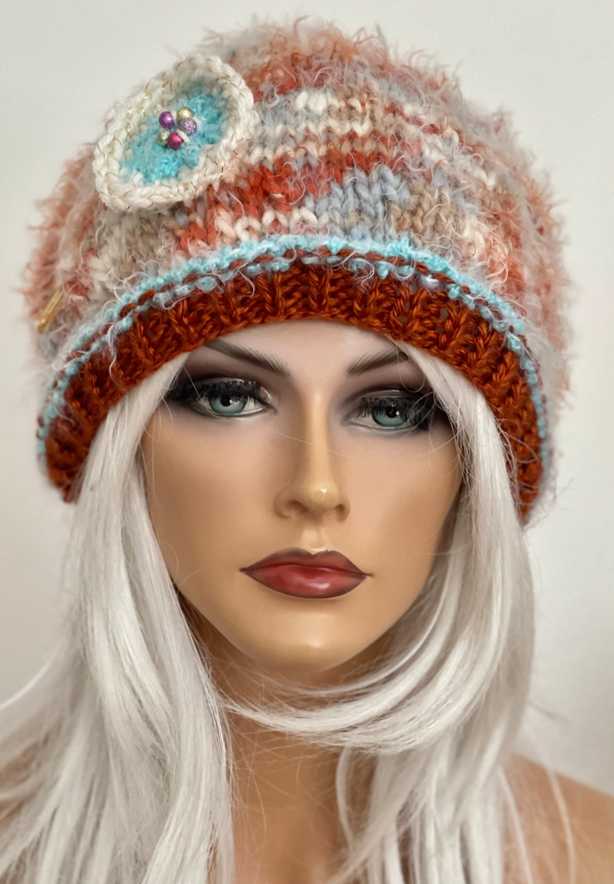 Hand Knits 2 Love Slouch Hat Cap Beanie Beret Flowers Beads Mohair Look Soft Hip Hand Knits 2 Love Slouch Beanie Hat Cap Beret Flowers Beads  main image 2