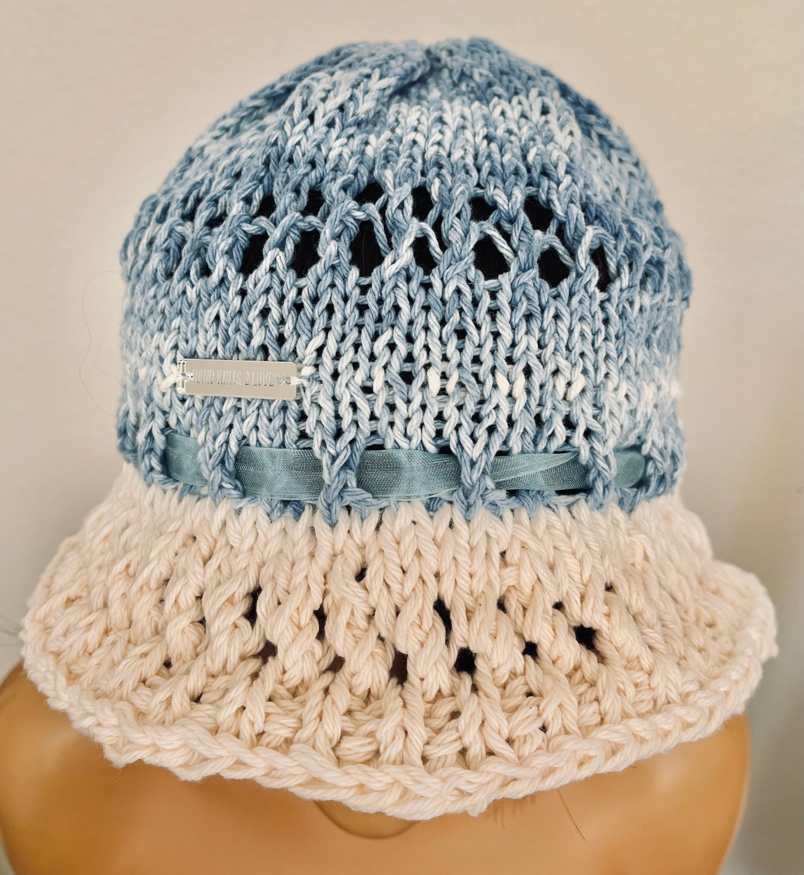 Hand Knits 2 Love Cotton Brim Hat Cap Ombre Blues off Ehite  display picture 2