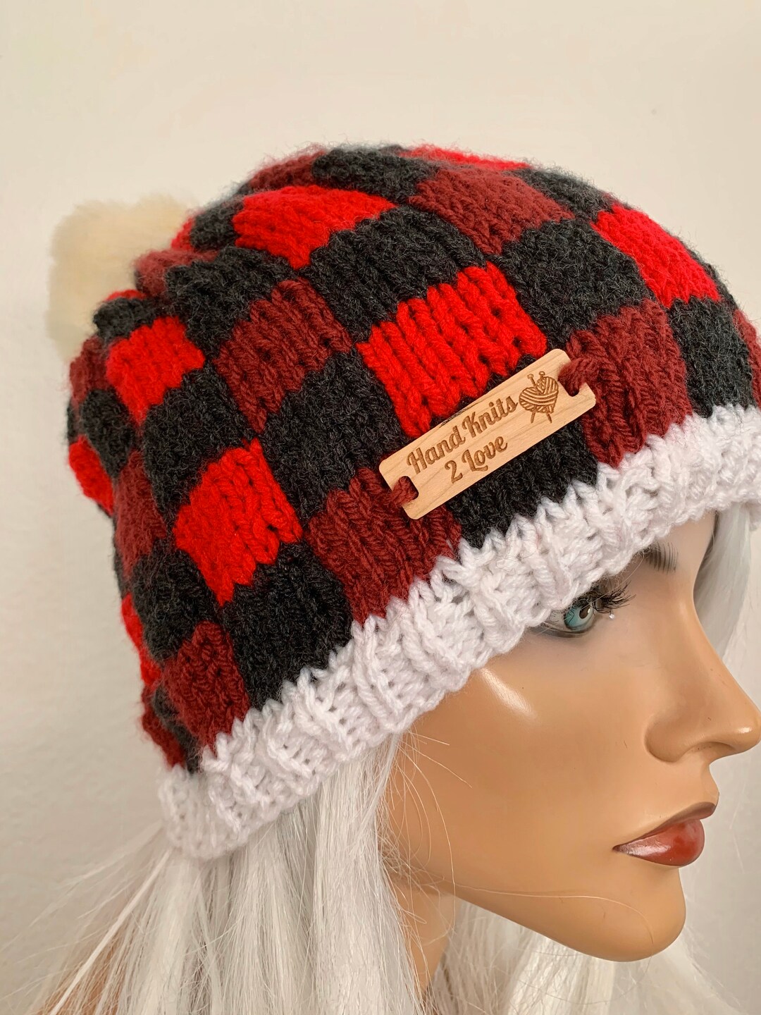 Hand Knits 2 Love Beanie Hat Cap Plaid Faux Fur Pom Pom Designer Winter Cozy Hand Knits 2 Love Hat Beanie Cap Plaid Faux Fur Pom Pom  main image 2