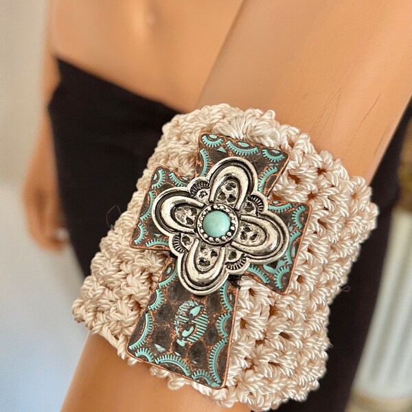 Hand Knits 2 Love Crochet Bracelet Cross Terquoise South Western Look Designer Spiritual Gift Trendy Fashion Jewlery Made in USA Christian