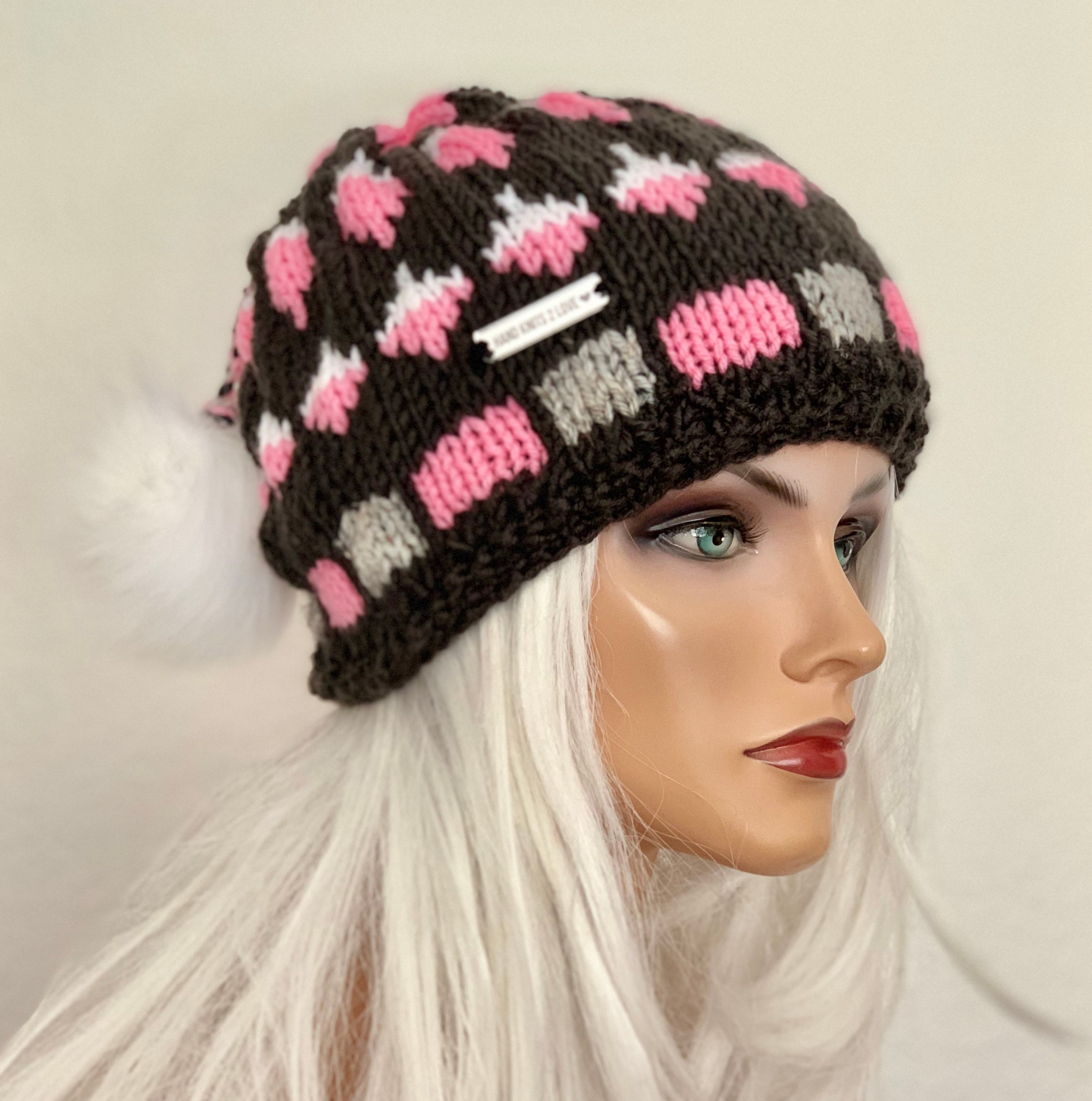 Hand Knits 2 Love Beanie Hat Cap Fair-isle Faux Fur Pom Pom Designer Black Coppe The Double Pom Beanie - Choose your colors – Charlie and Luna Co main image 4