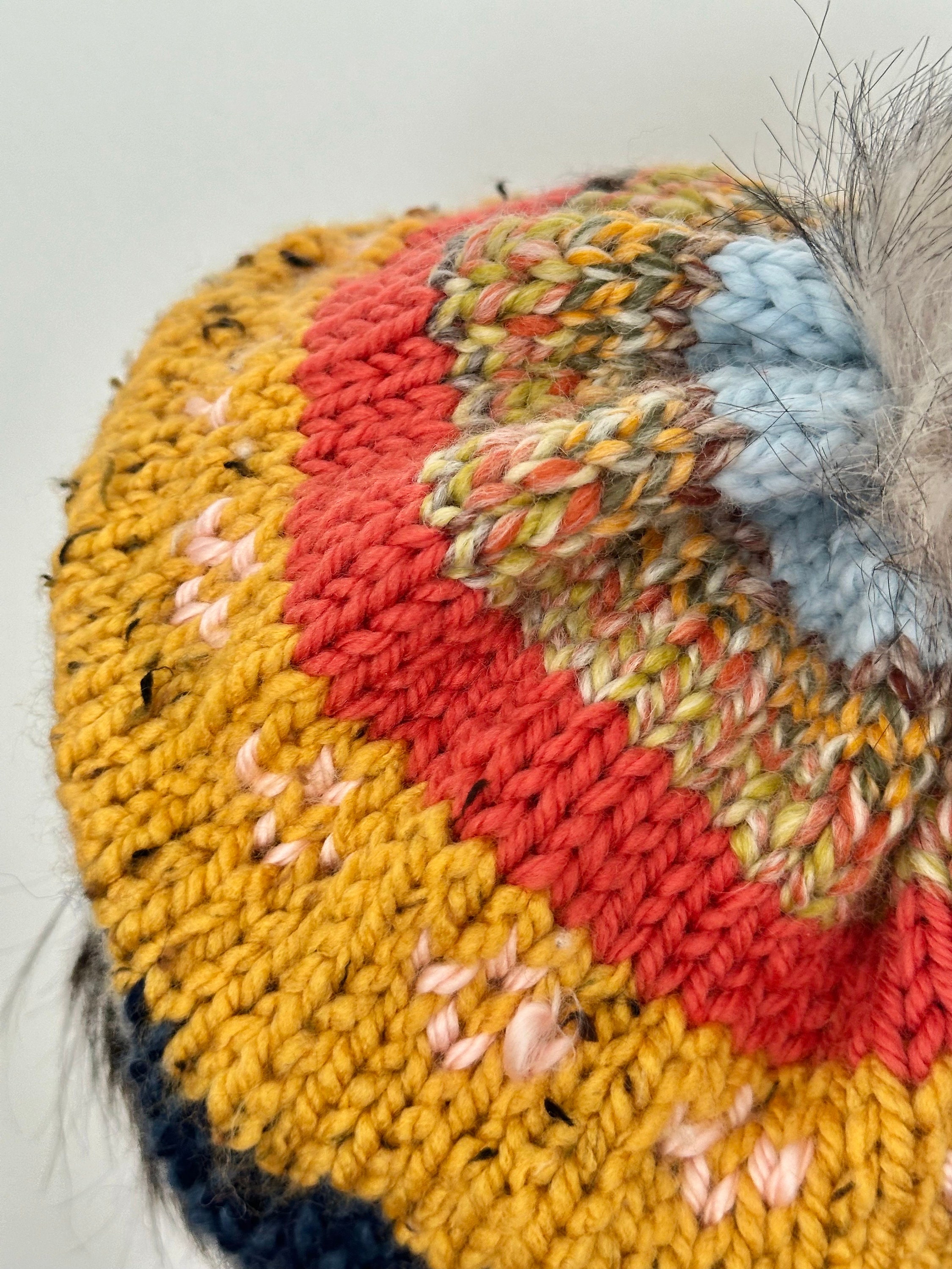 Hand Knits 2 Love Slouch Beanie Hat Faux Fur Pom Pom Hearts Designer Multicolor Toddler Knit Heart Pom Hat | Rainbow Beanie | b.e.happe main image 4