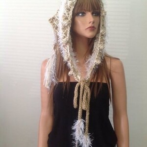 Hand Knit Scarf Hat Bandana Shawl Beret Deigner Fashion White Gold Taupe Brown Hip Lace Chic Evening Accessory Bubbles Floral Buds image 5