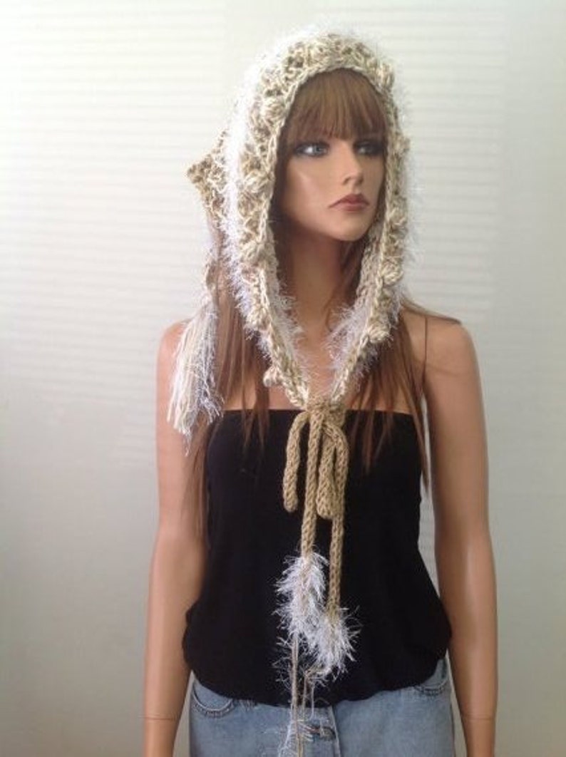 Hand Knit Scarf Hat Bandana Shawl Beret Deigner Fashion White Gold Taupe Brown Hip Lace Chic Evening Accessory Bubbles Floral Buds image 5