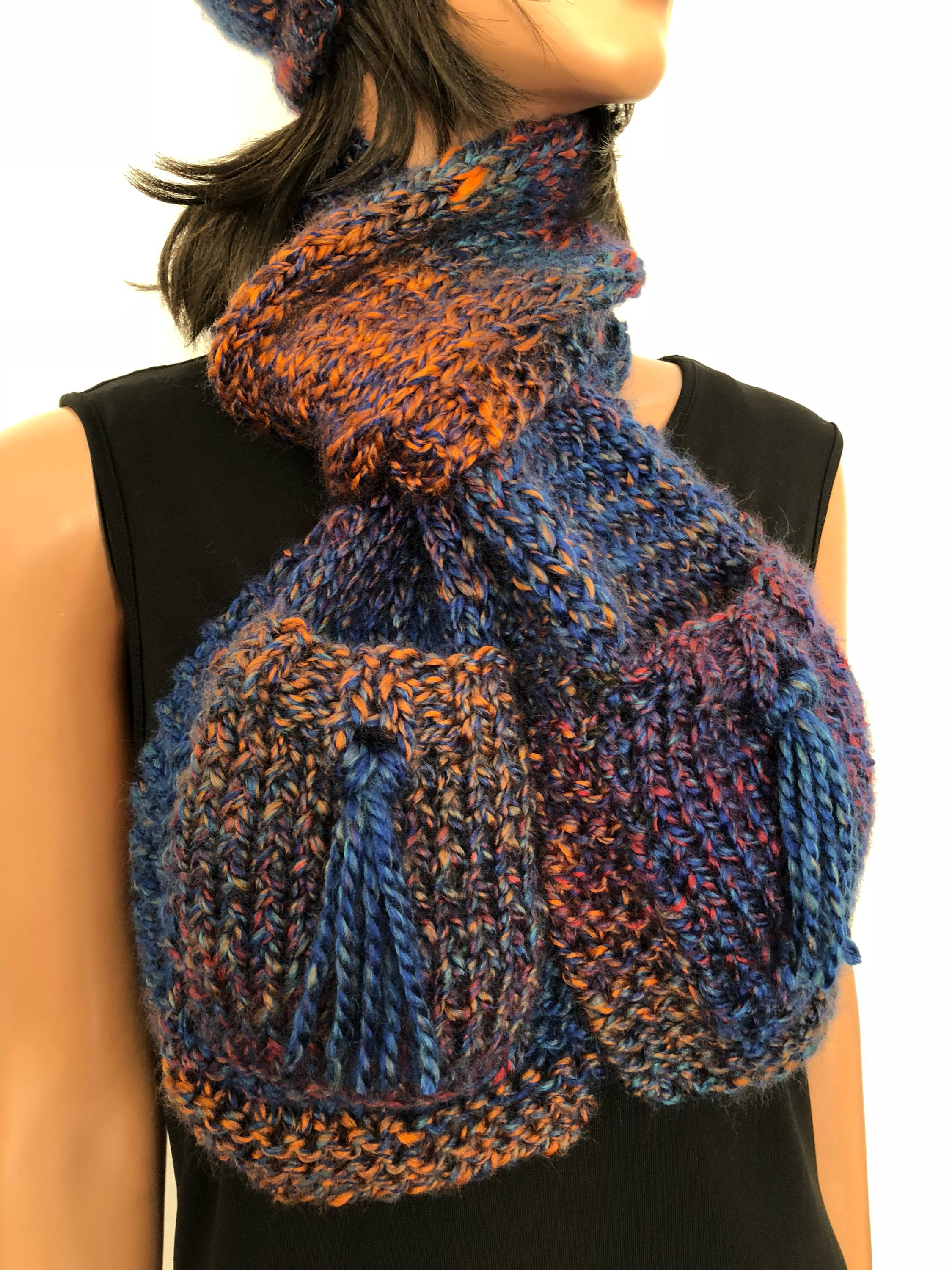 Hand Knits 2 Love Hat Scarf Set Beanie Shawl Pockets Fringe  display picture 1