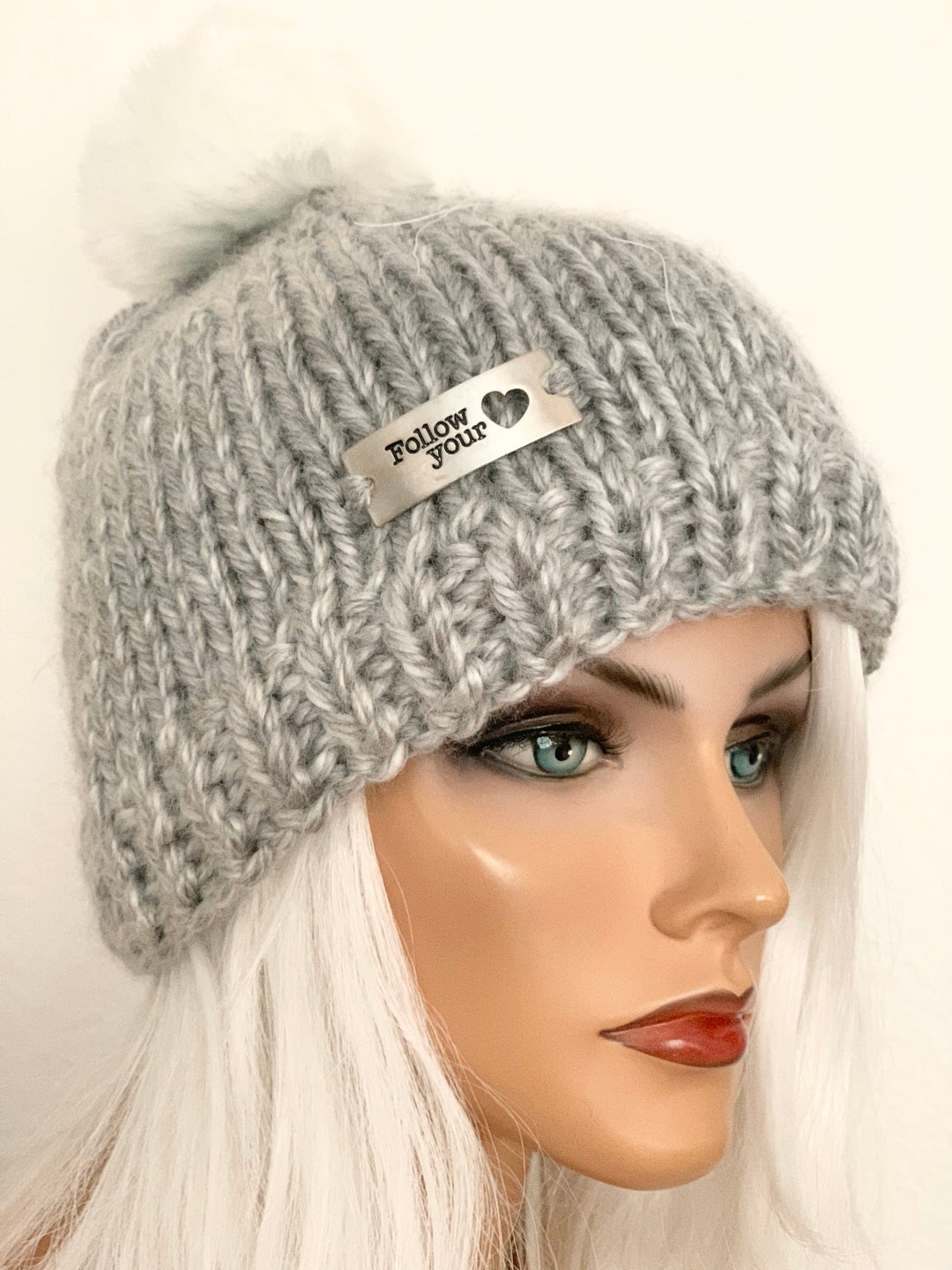 Hand Knits 2 Love Beanie Hat Cap Silver Grey Follow Your  display picture 2