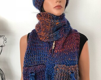 Hand Knits 2 Love Hat Scarf Set Beanie Shawl Pockets Fringe  display picture 3