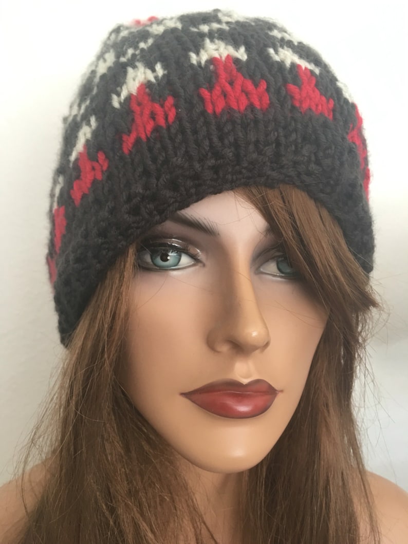 Hand Knit Beanie Slouch Hat Cap Chemo Tassel Female Fairisle Etsy