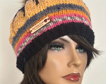Hand Knits 2 Love Slouch Beanie Hat Cap Fair-Isle Hearts Lotus Faux Fur Pom Pom Hand Knits 2 Love Slouch Beanie Hat Cap Fair-isle Faux Fur  main image 4