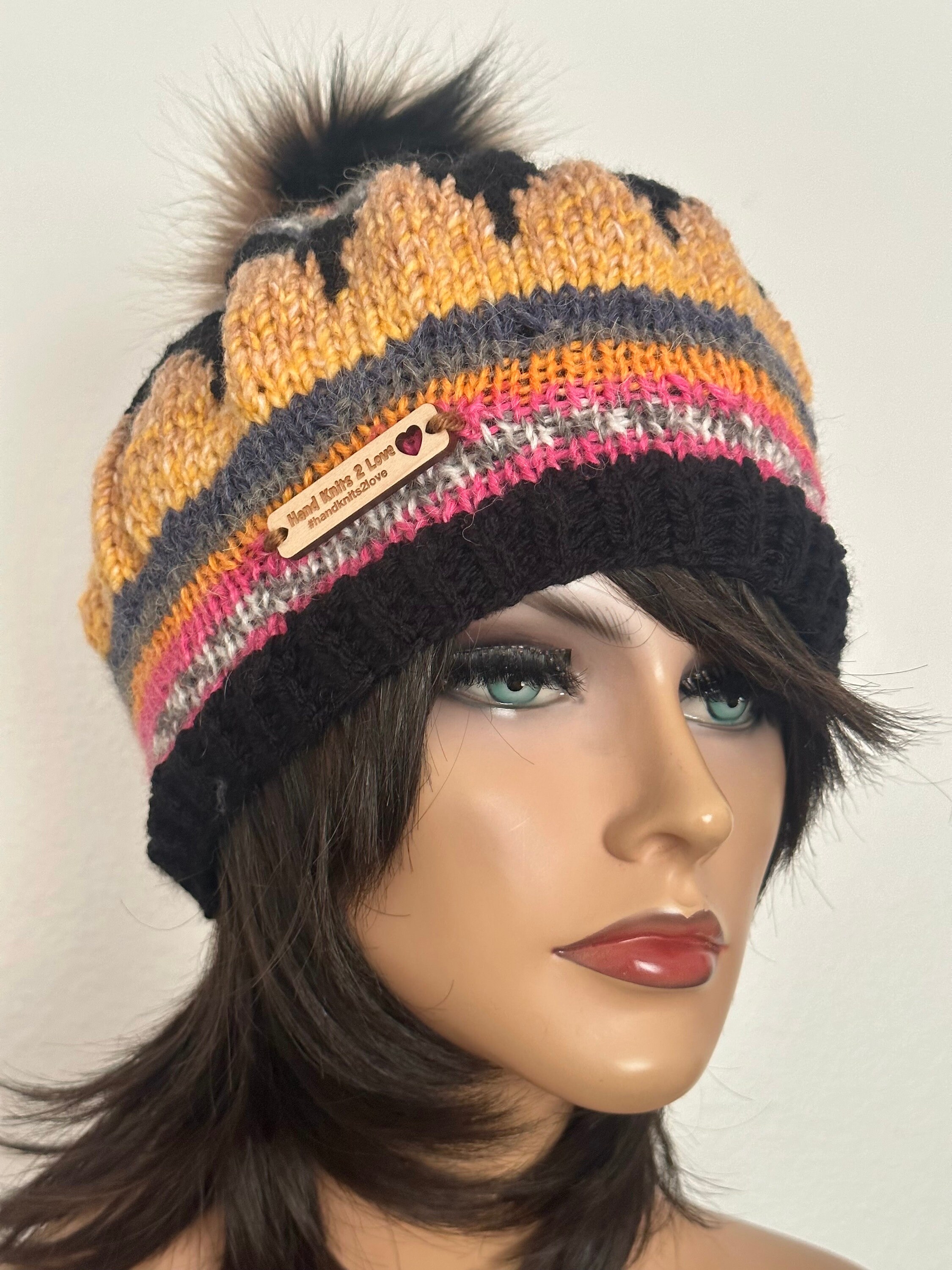 Hand Knits 2 Love Beanie Slouch Hat Faux Fur Pom Pom Fair 