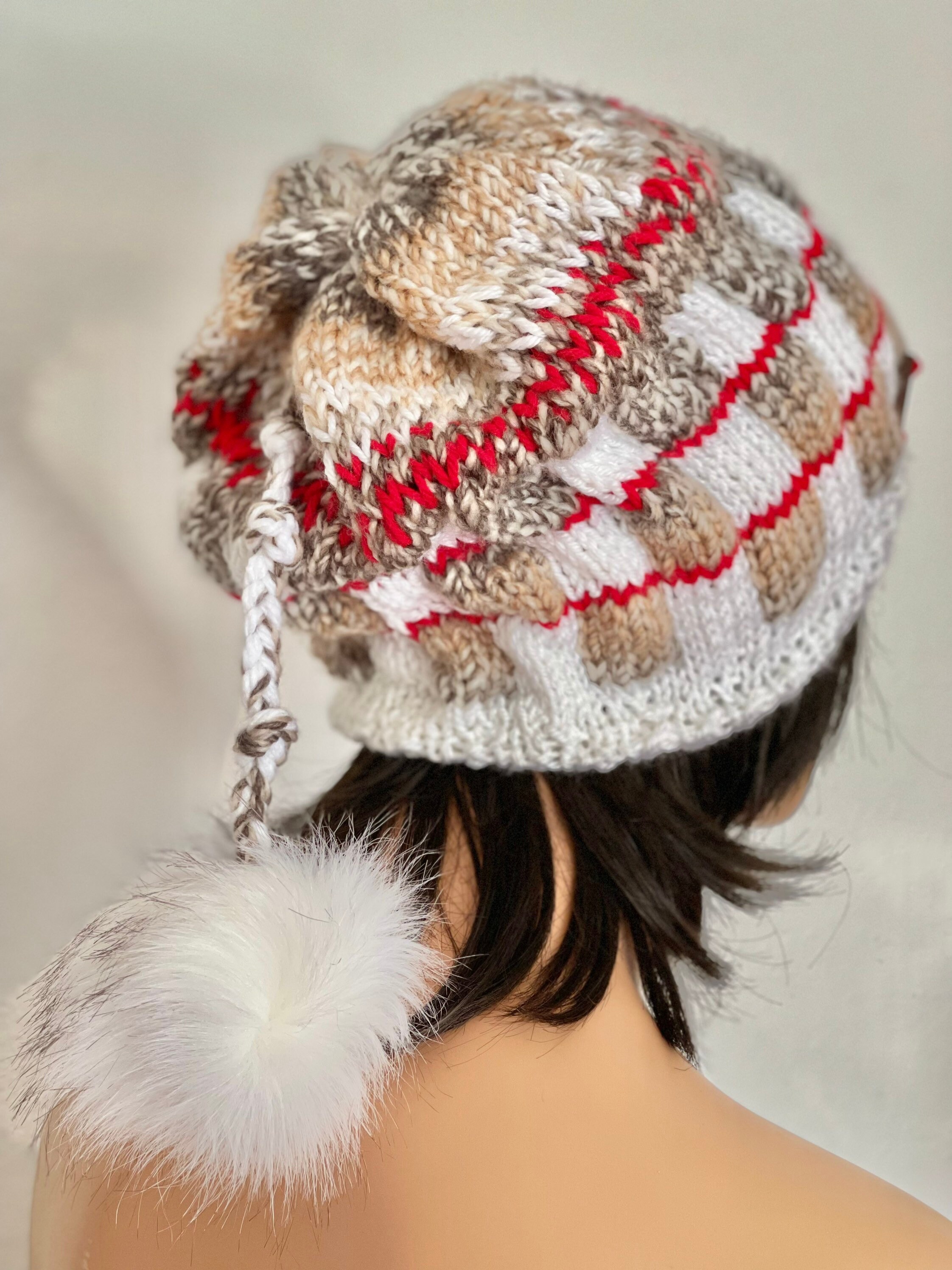 Hand Knits 2 Love Slouch Beanie Hat Cap Fair-isle Faux Fur 