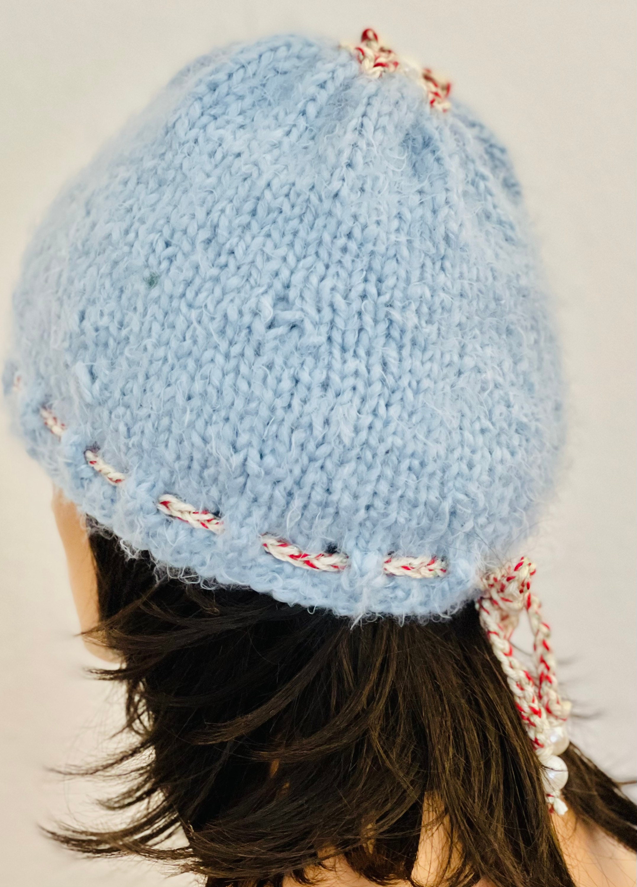 Hand Knits 2 Love Hat Beanie Cap Flowers Pearl Beads Sky 