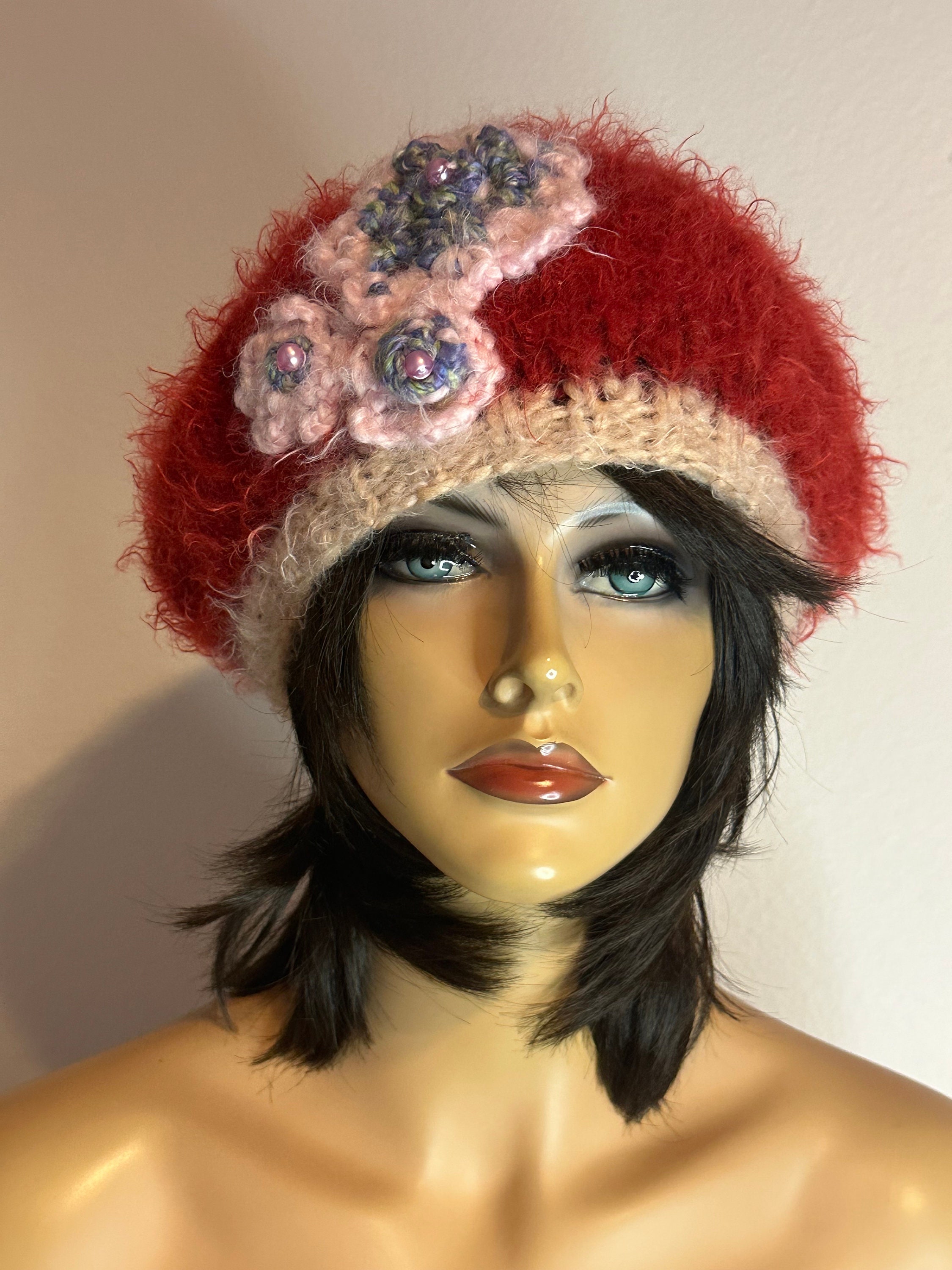 Hand Knits 2 Love Slouch Beanie Hat Tam Beret Flowers Beads Designer Mohair Like Hand Knits 2 Love Beanie Hat Cap Flowers Beads Designer  main image 3